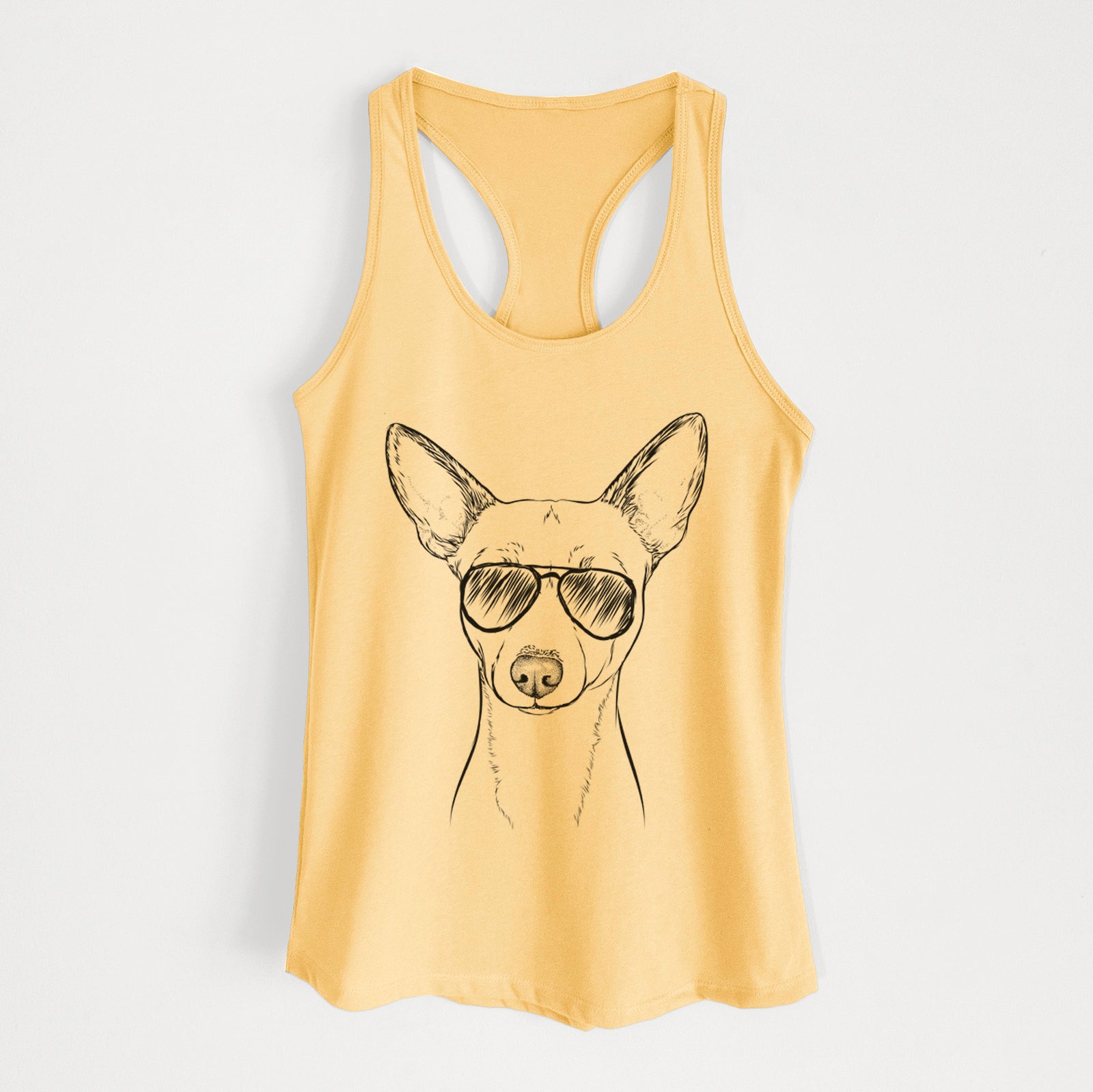 Hand-drawn sketch of Perry the Portuguese Podengo wearing aviator sunglasses on a Banana Cream Women's racerback tanktop