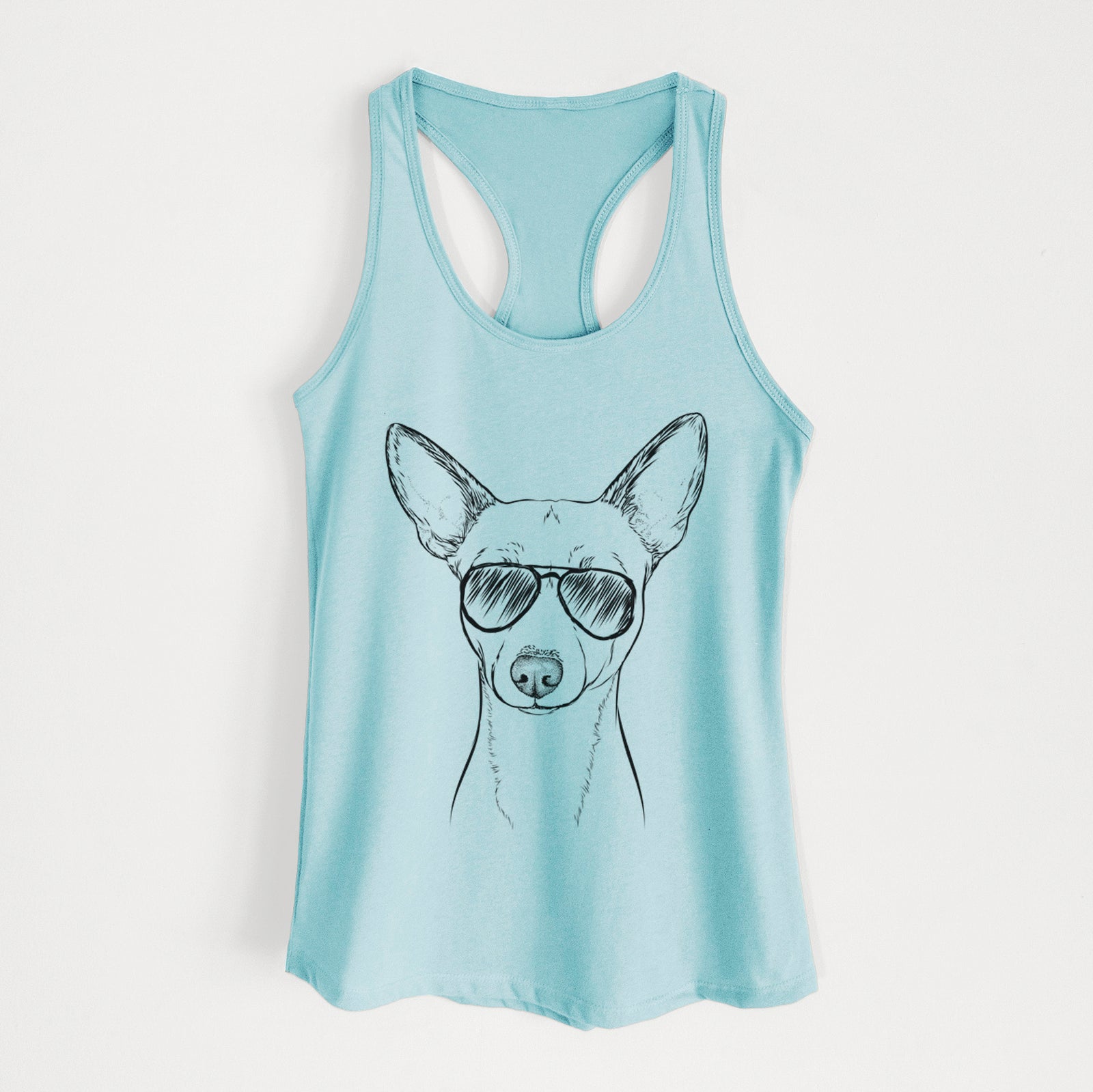 Hand-drawn sketch of Perry the Portuguese Podengo wearing aviator sunglasses on a Cancun Blue Women's racerback tanktop