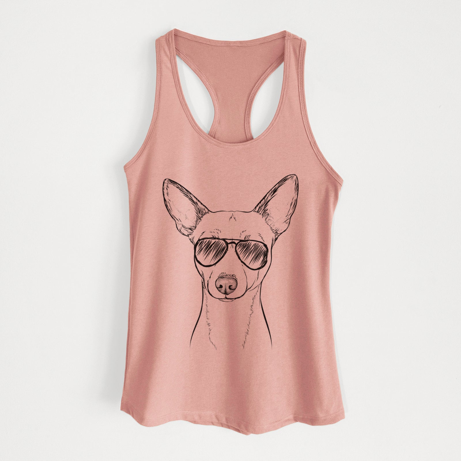 Hand-drawn sketch of Perry the Portuguese Podengo wearing aviator sunglasses on a Desert Pink Women's racerback tanktop