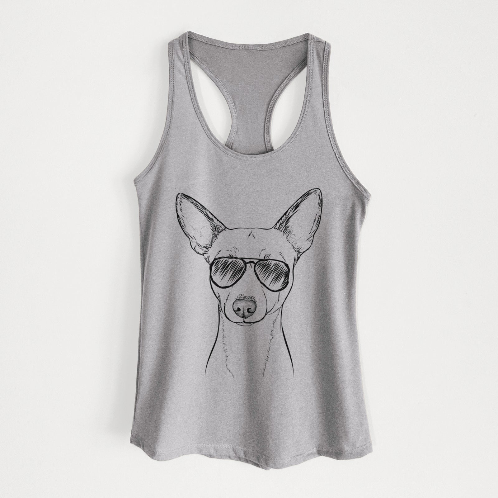 Hand-drawn sketch of Perry the Portuguese Podengo wearing aviator sunglasses on a Heather Grey Women's racerback tanktop