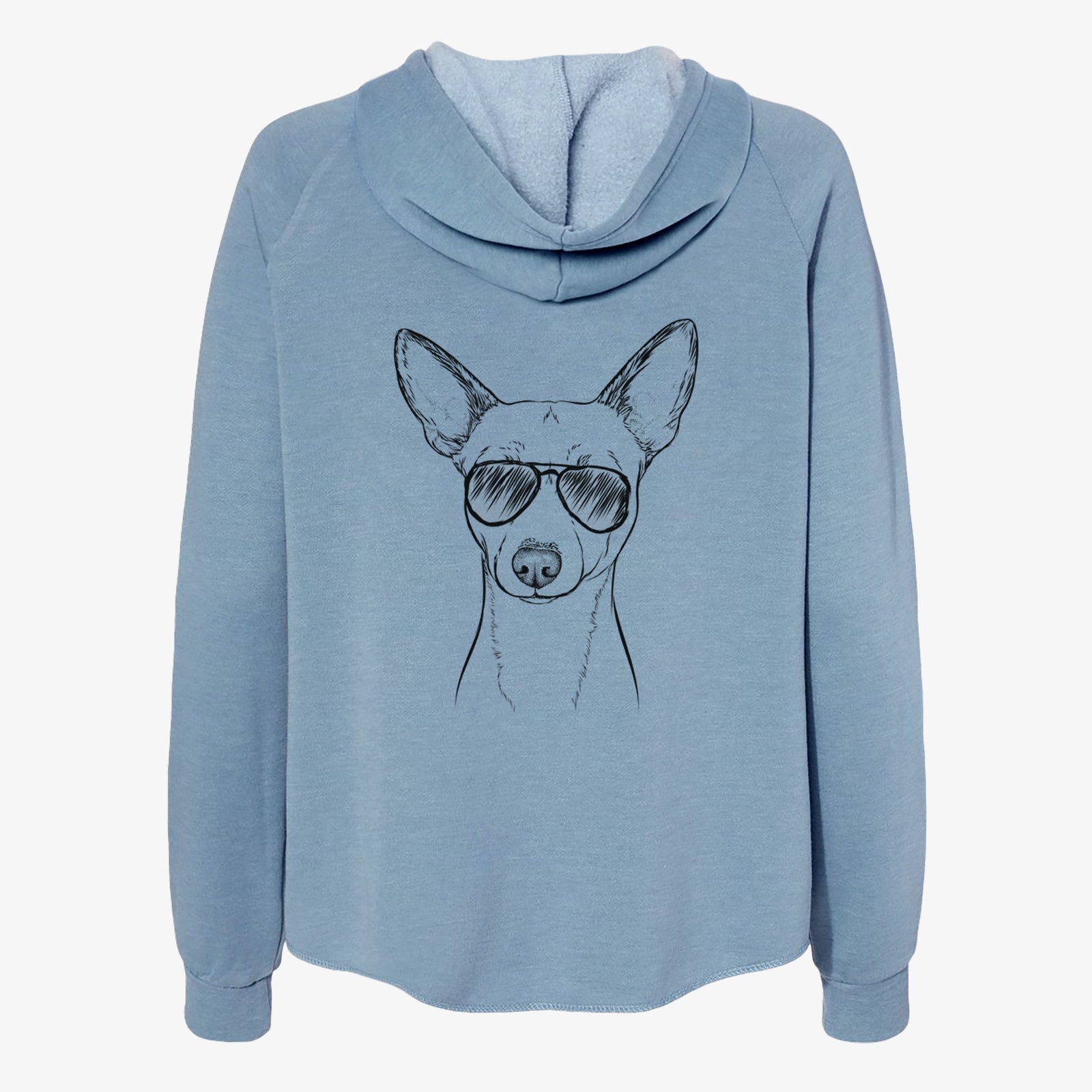 Hand-drawn sketch of Perry the Portuguese Podengo wearing aviator sunglasses on a Misty Blue Women's cali wave zip-up sweatshirt