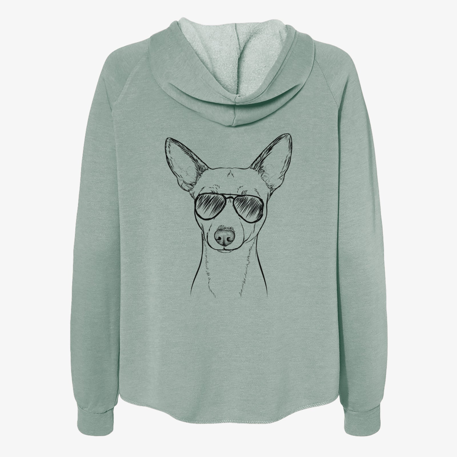 Hand-drawn sketch of Perry the Portuguese Podengo wearing aviator sunglasses on a Sage Women's cali wave zip-up sweatshirt