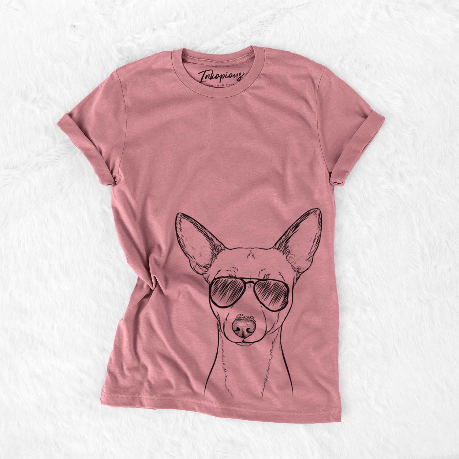 Hand-drawn sketch of Perry the Portuguese Podengo wearing aviator sunglasses on a Mauve Bella Canvas Unisex Crewneck