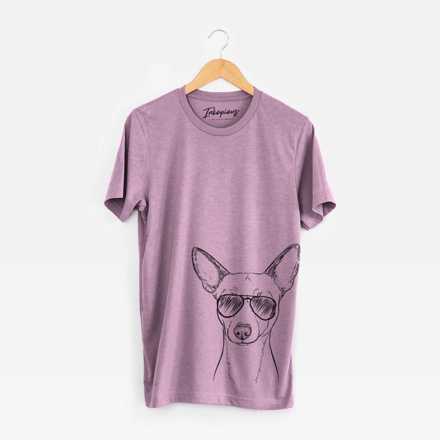 Hand-drawn sketch of Perry the Portuguese Podengo wearing aviator sunglasses on an Orchid Bella Canvas Unisex Crewneck