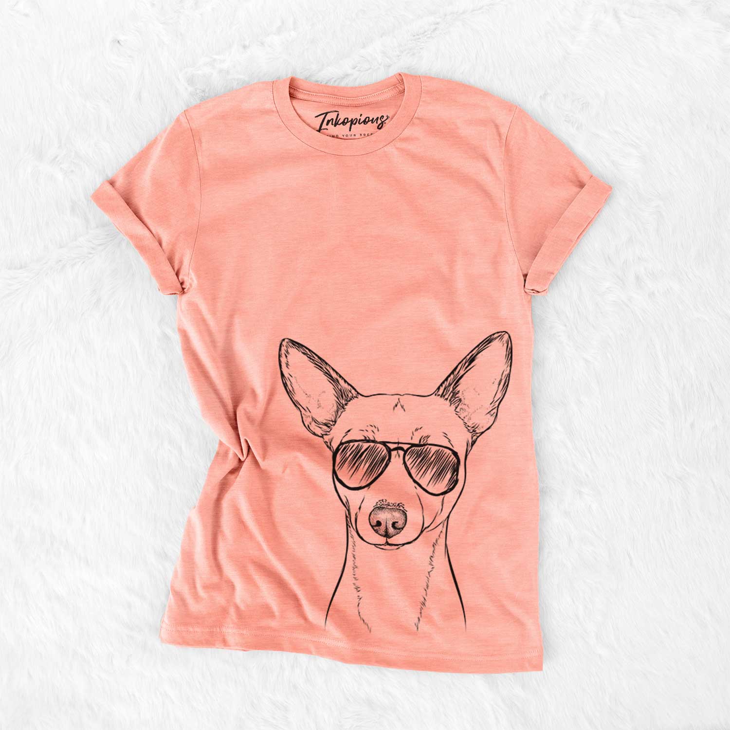 Hand-drawn sketch of Perry the Portuguese Podengo wearing aviator sunglasses on a Sunset Bella Canvas Unisex Crewneck