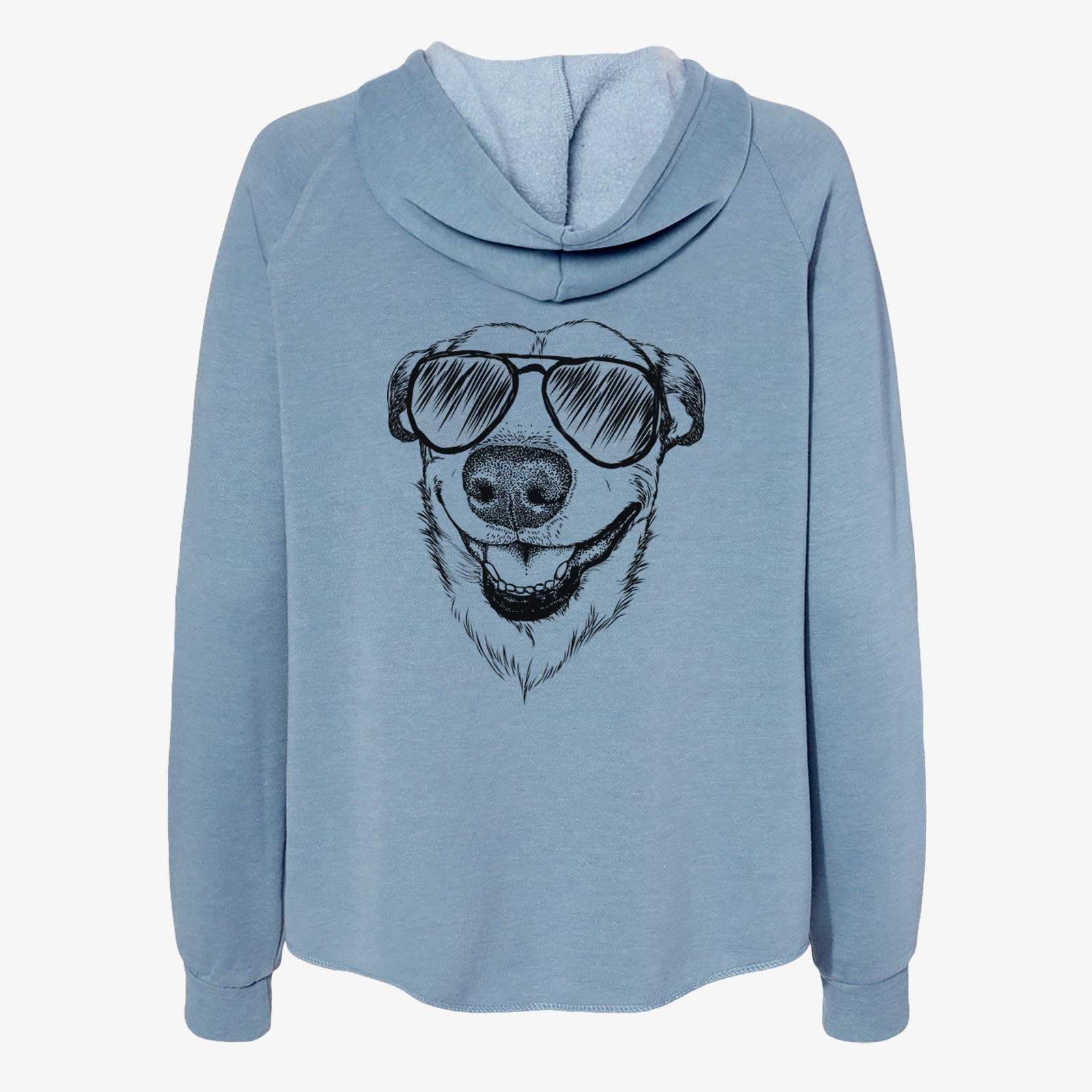Hand-drawn sketch of Petrah the Staffy Mix wearing aviator sunglasses on a Misty Blue Women's cali wave zip-up sweatshirt