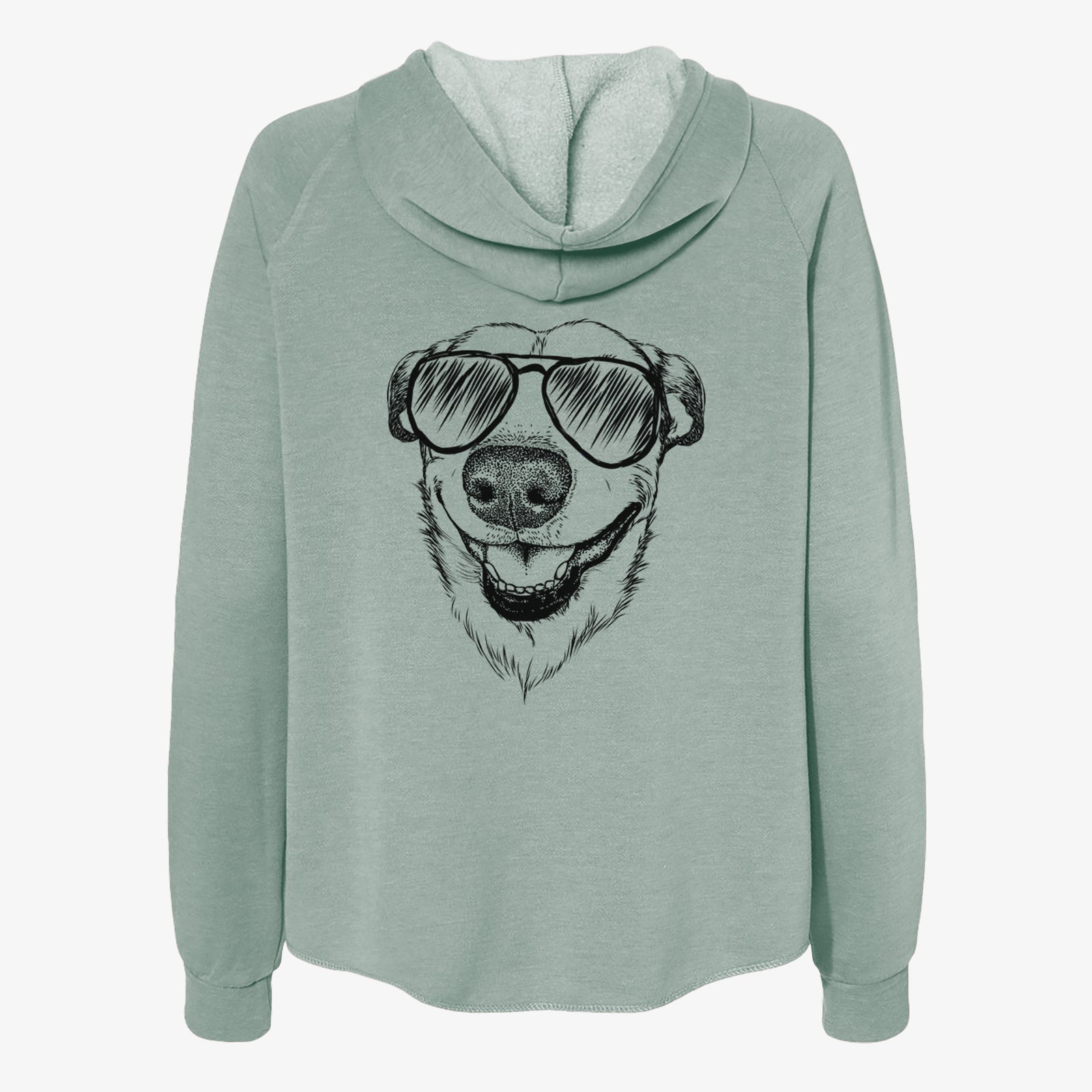 Hand-drawn sketch of Petrah the Staffy Mix wearing aviator sunglasses on a Sage Women's cali wave zip-up sweatshirt