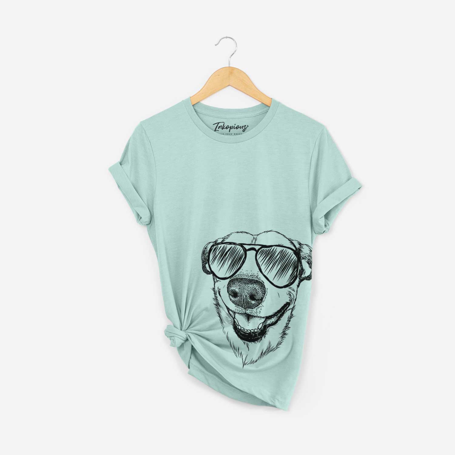 Hand-drawn sketch of Petrah the Staffy Mix wearing aviator sunglasses on a Heather Sage Bella Canvas Unisex Crewneck
