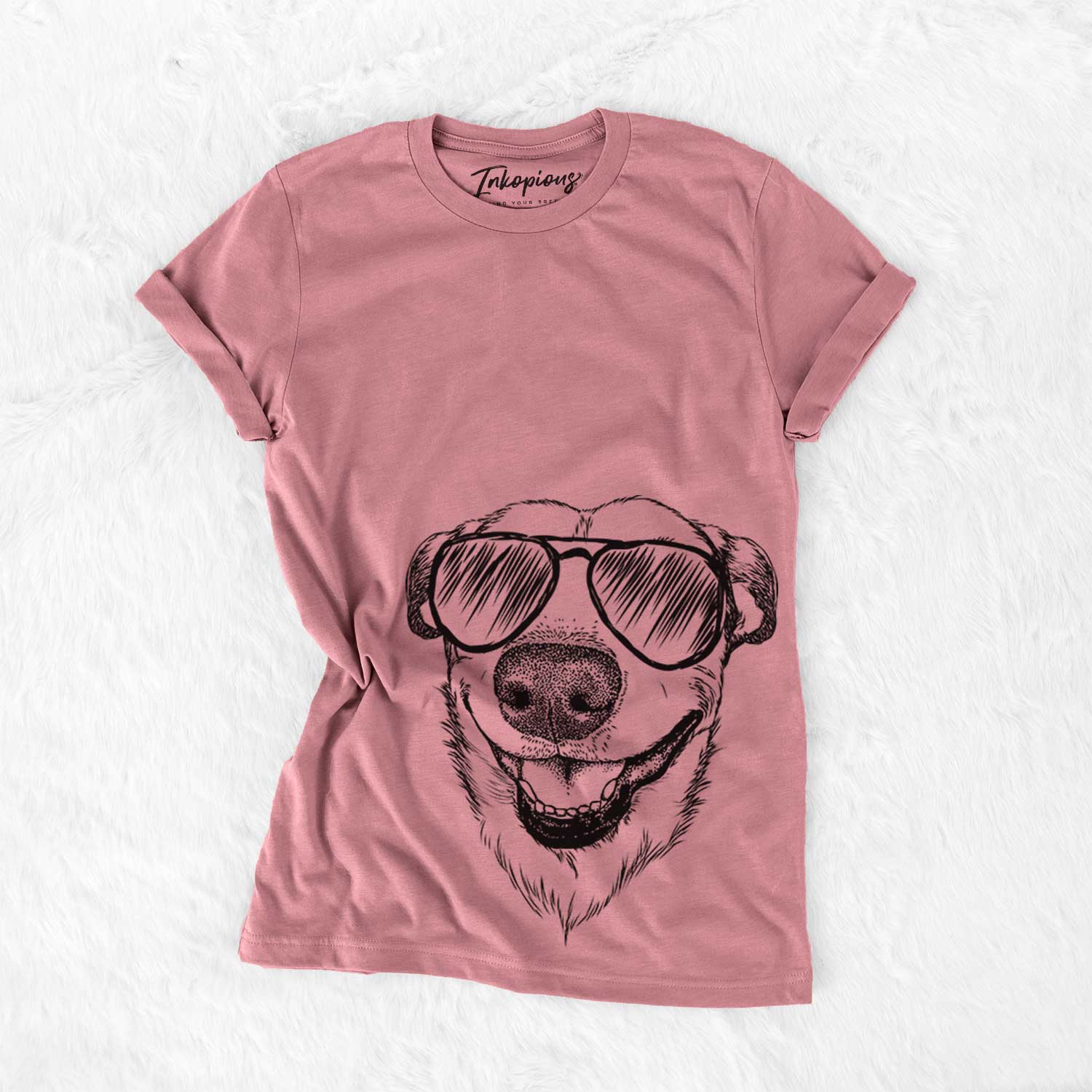 Hand-drawn sketch of Petrah the Staffy Mix wearing aviator sunglasses on a Mauve Bella Canvas Unisex Crewneck