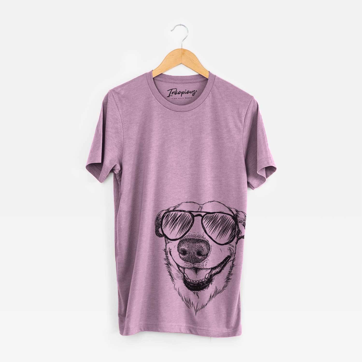 Hand-drawn sketch of Petrah the Staffy Mix wearing aviator sunglasses on an Orchid Bella Canvas Unisex Crewneck