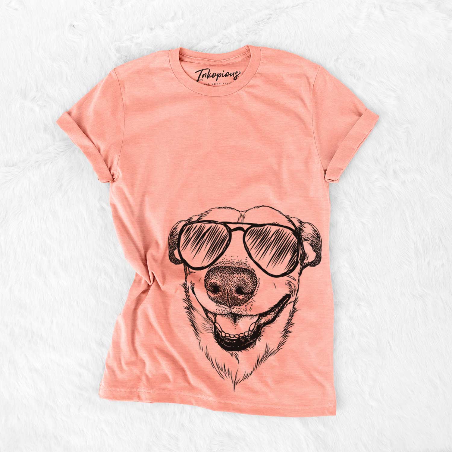 Hand-drawn sketch of Petrah the Staffy Mix wearing aviator sunglasses on a Sunset Bella Canvas Unisex Crewneck