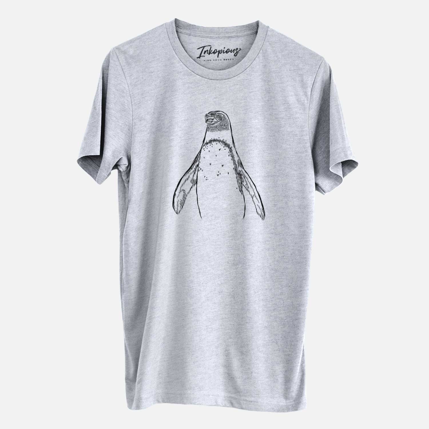 Hand-drawn sketch of Peyton the Penguin wearing aviator sunglasses on a Grey Unisex crewneck