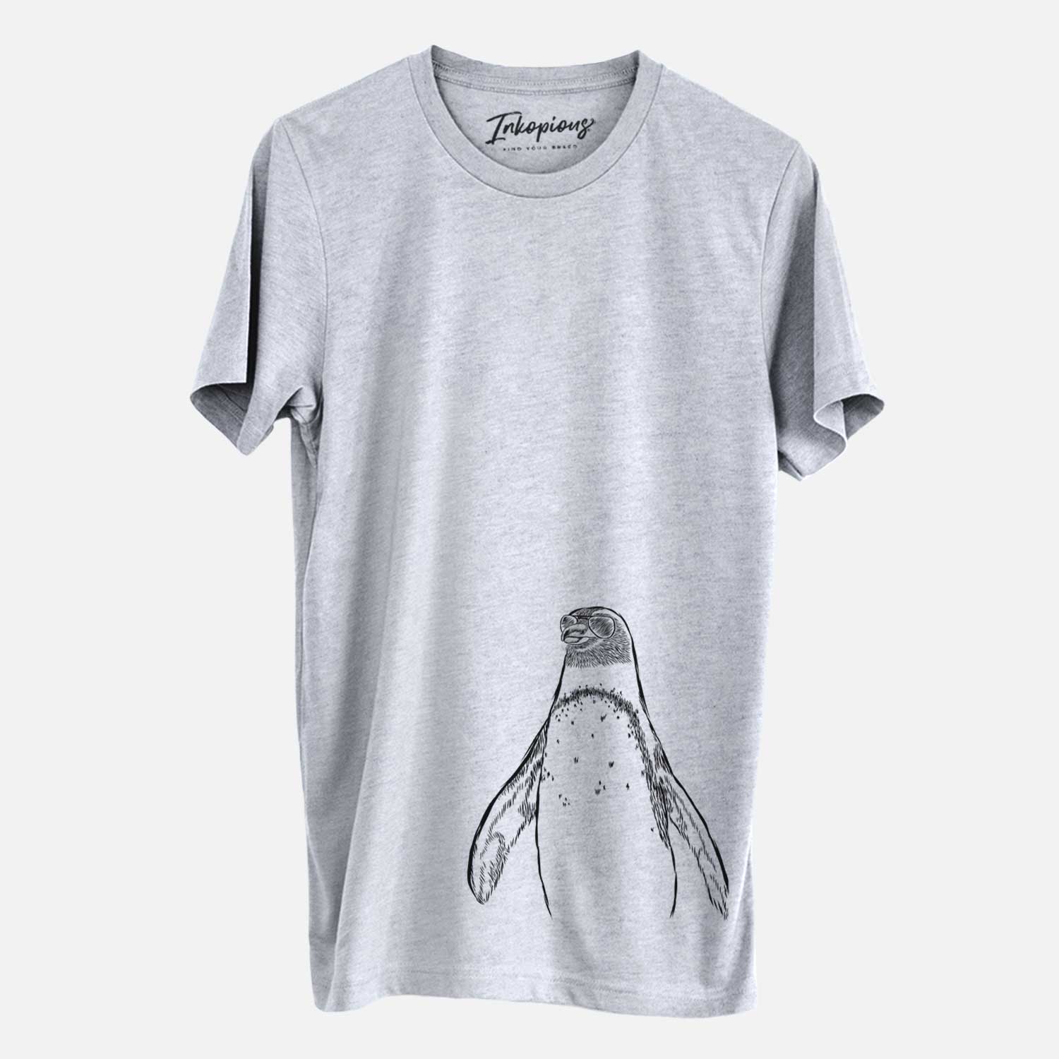 Hand-drawn sketch of Peyton the Penguin wearing aviator sunglasses on a Grey Unisex crewneck