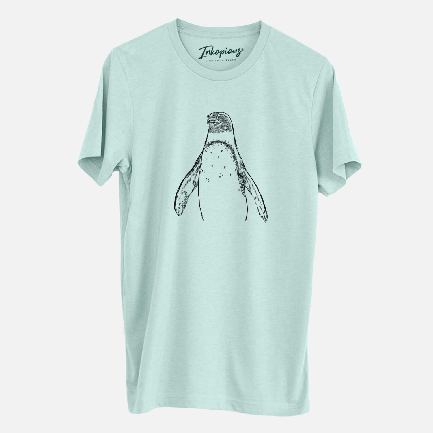 Hand-drawn sketch of Peyton the Penguin wearing aviator sunglasses on a Heather Sage Unisex crewneck