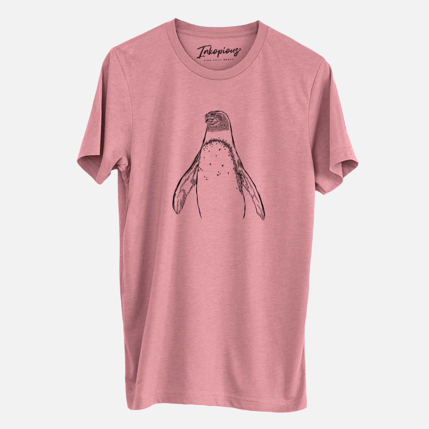 Hand-drawn sketch of Peyton the Penguin wearing aviator sunglasses on a Mauve Unisex crewneck