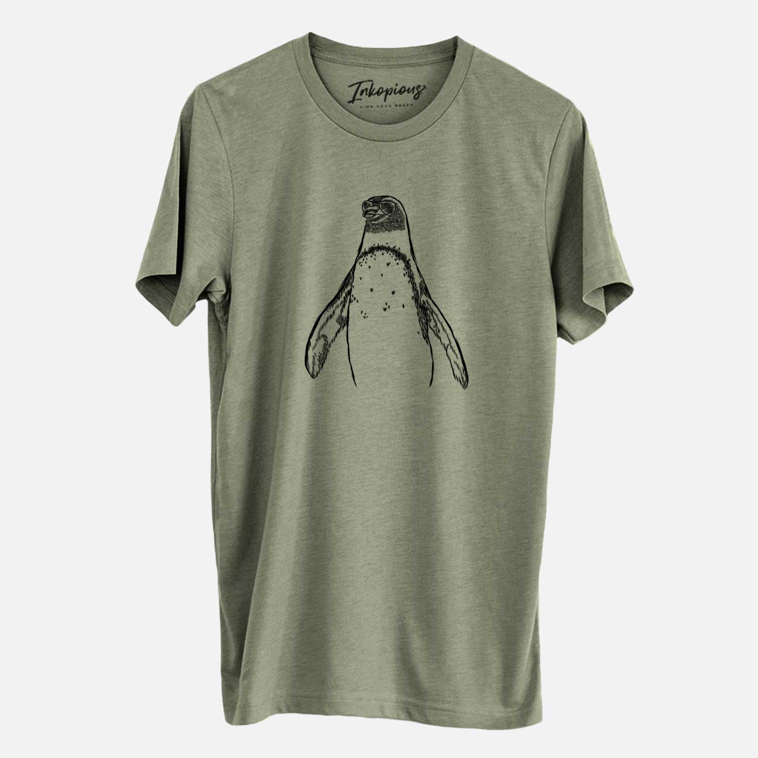 Hand-drawn sketch of Peyton the Penguin wearing aviator sunglasses on an Olive Unisex crewneck