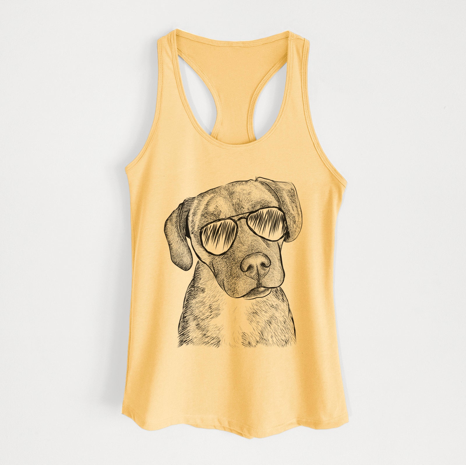 Hand-drawn sketch of Peyton Manning the Beagle Bulldog Mix wearing aviator sunglasses on a Banana Cream Women's racerback tanktop