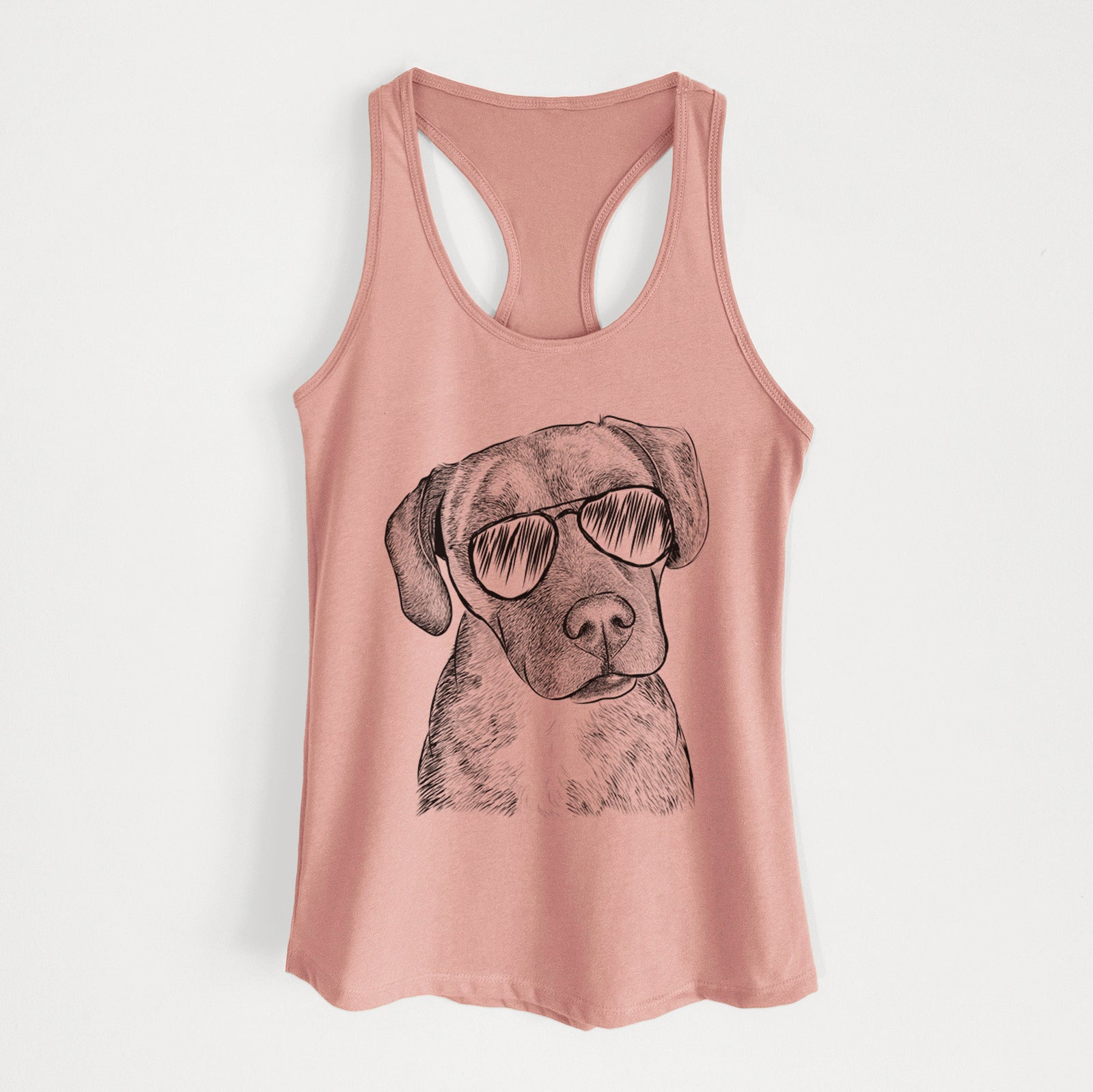 Hand-drawn sketch of Peyton Manning the Beagle Bulldog Mix wearing aviator sunglasses on a Desert Pink Women's racerback tanktop