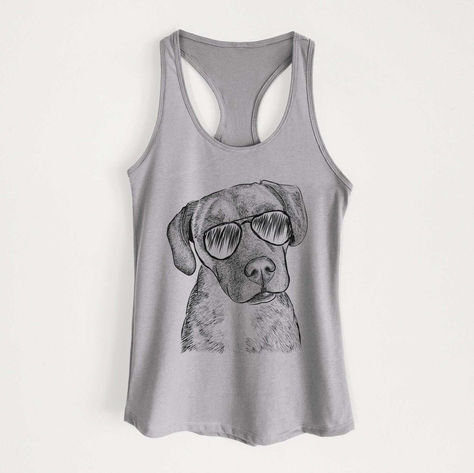 Hand-drawn sketch of Peyton Manning the Beagle Bulldog Mix wearing aviator sunglasses on a Heather Grey Women's racerback tanktop