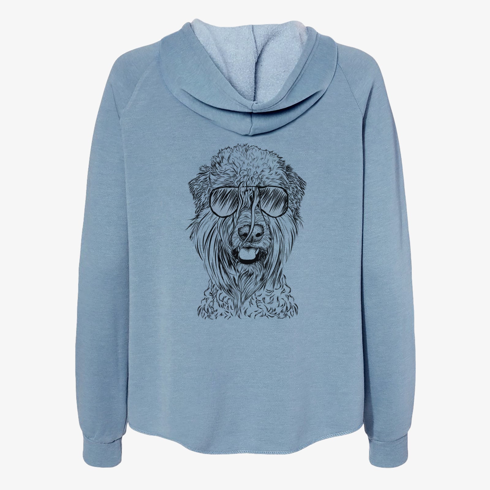 Hand-drawn sketch of Pierre the Soft Coated Wheaten Terrier wearing aviator sunglasses on a Misty Blue Women's cali wave zip-up sweatshirt