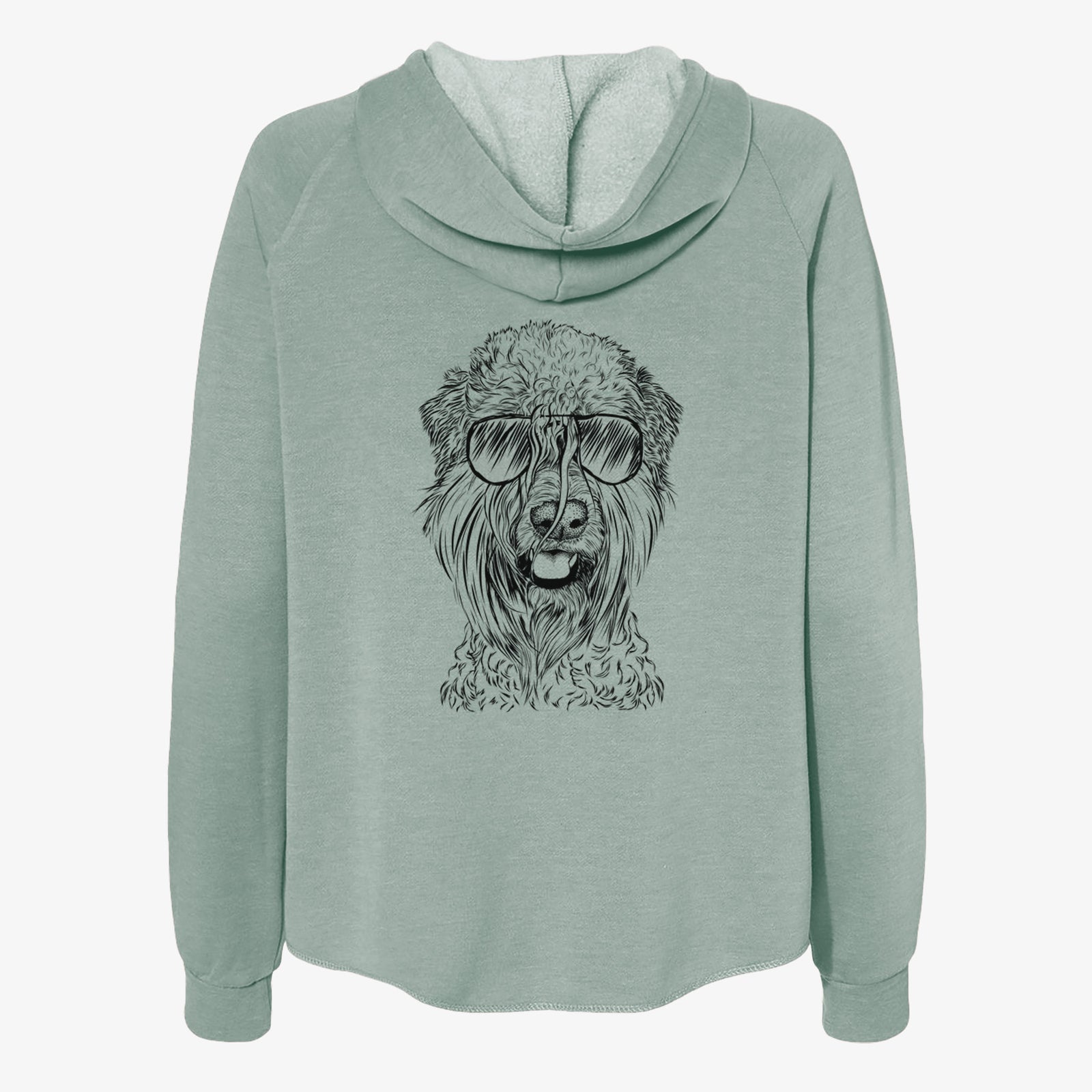 Hand-drawn sketch of Pierre the Soft Coated Wheaten Terrier wearing aviator sunglasses on a Sage Women's cali wave zip-up sweatshirt