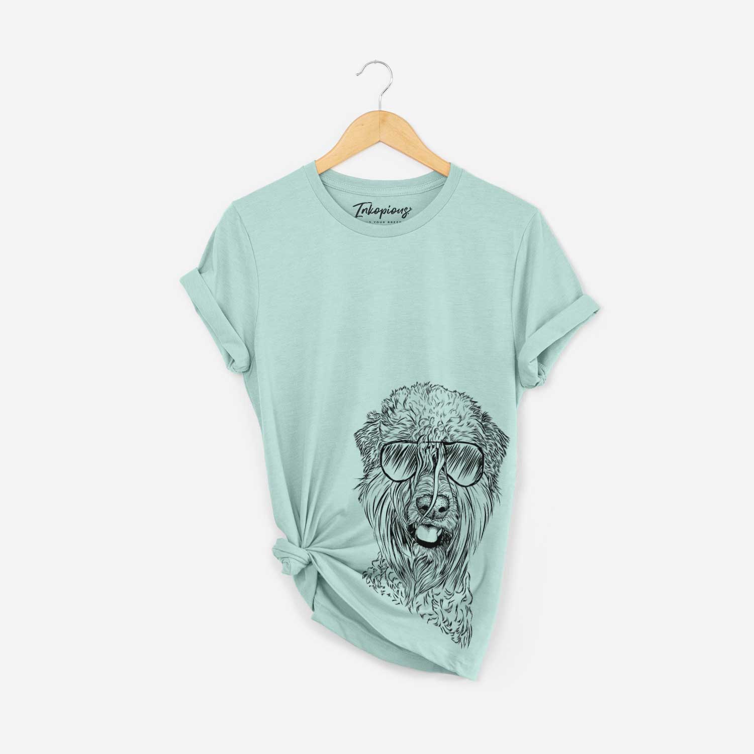 Hand-drawn sketch of Pierre the Soft Coated Wheaten Terrier wearing aviator sunglasses on a Heather Sage Bella Canvas Unisex Crewneck