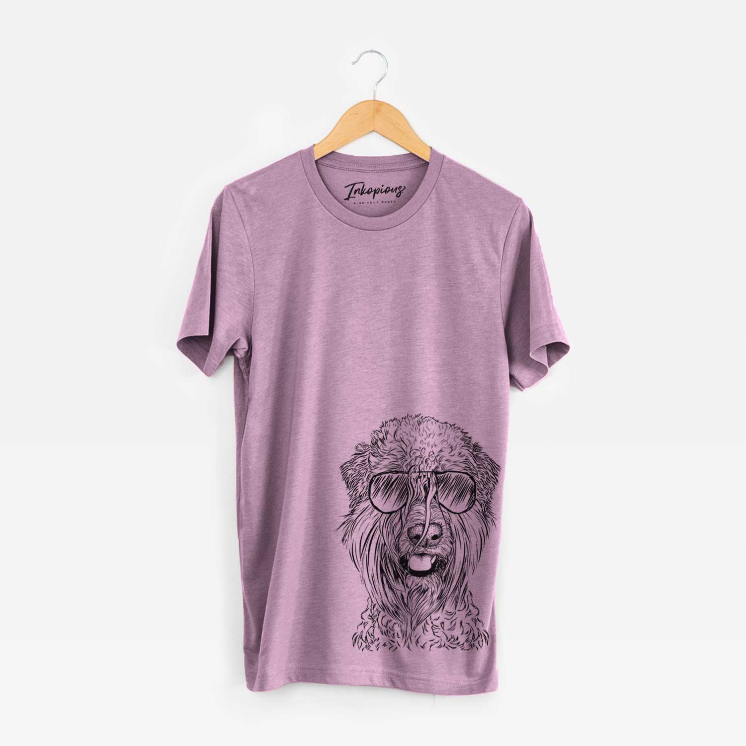 Hand-drawn sketch of Pierre the Soft Coated Wheaten Terrier wearing aviator sunglasses on an Orchid Bella Canvas Unisex Crewneck