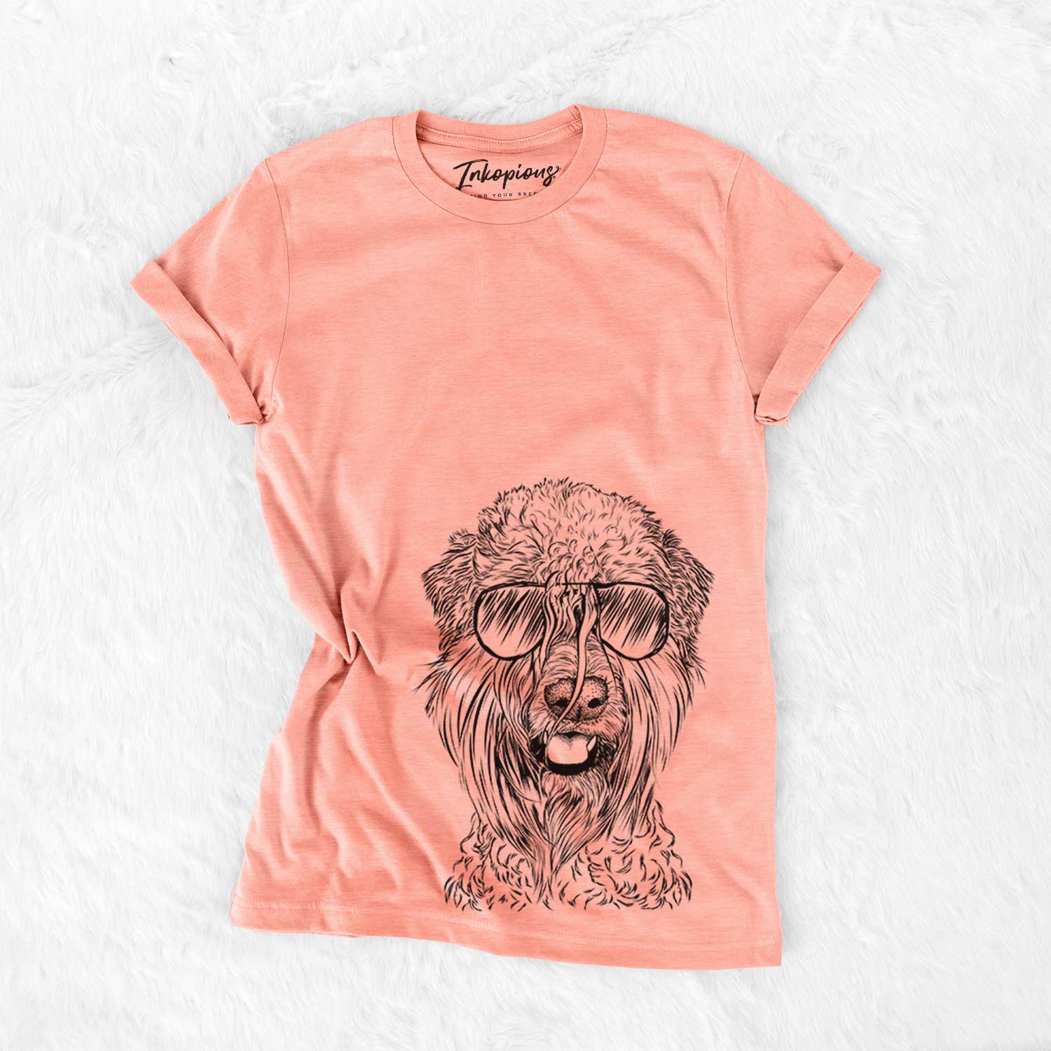 Hand-drawn sketch of Pierre the Soft Coated Wheaten Terrier wearing aviator sunglasses on a Sunset Bella Canvas Unisex Crewneck
