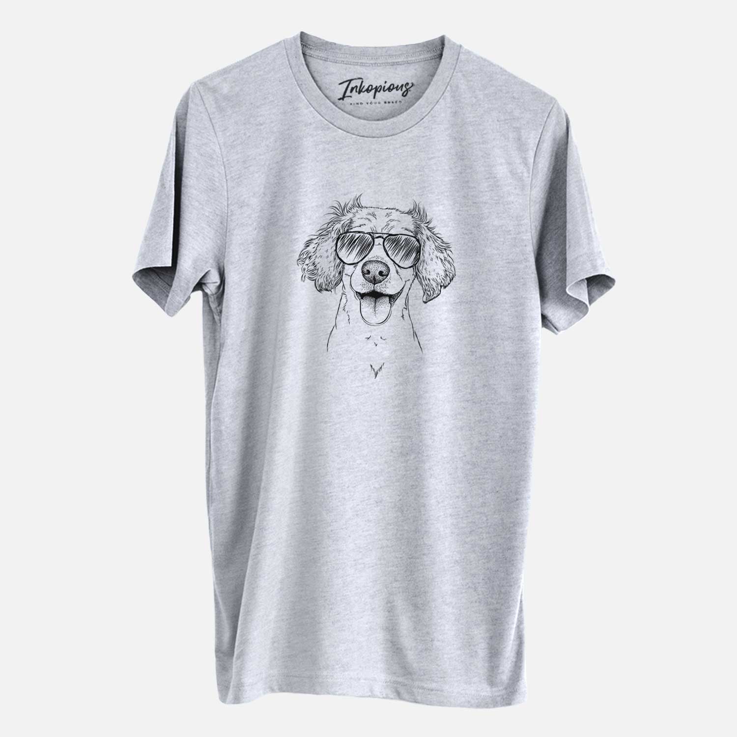 Hand-drawn sketch of Piglet the Dachshund Mix wearing aviator sunglasses on a Grey Unisex crewneck
