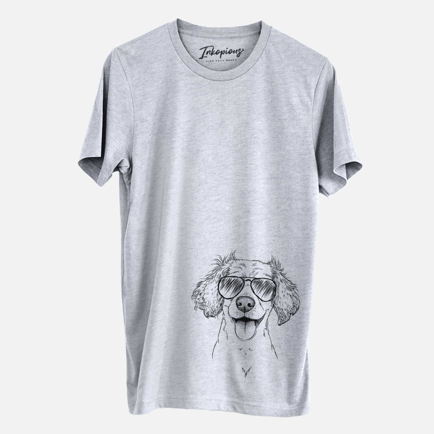 Hand-drawn sketch of Piglet the Dachshund Mix wearing aviator sunglasses on a Grey Unisex crewneck