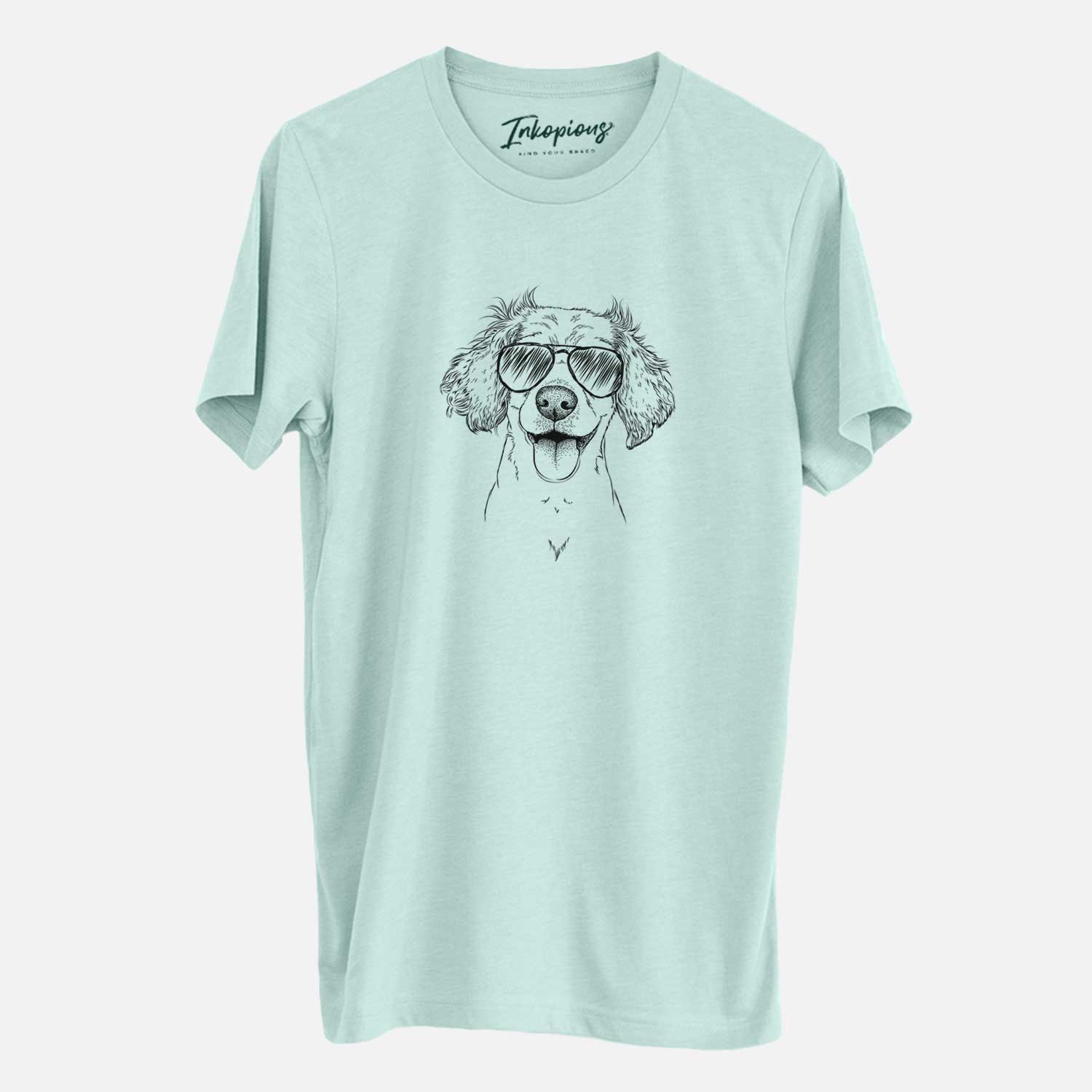 Hand-drawn sketch of Piglet the Dachshund Mix wearing aviator sunglasses on a Heather Sage Unisex crewneck