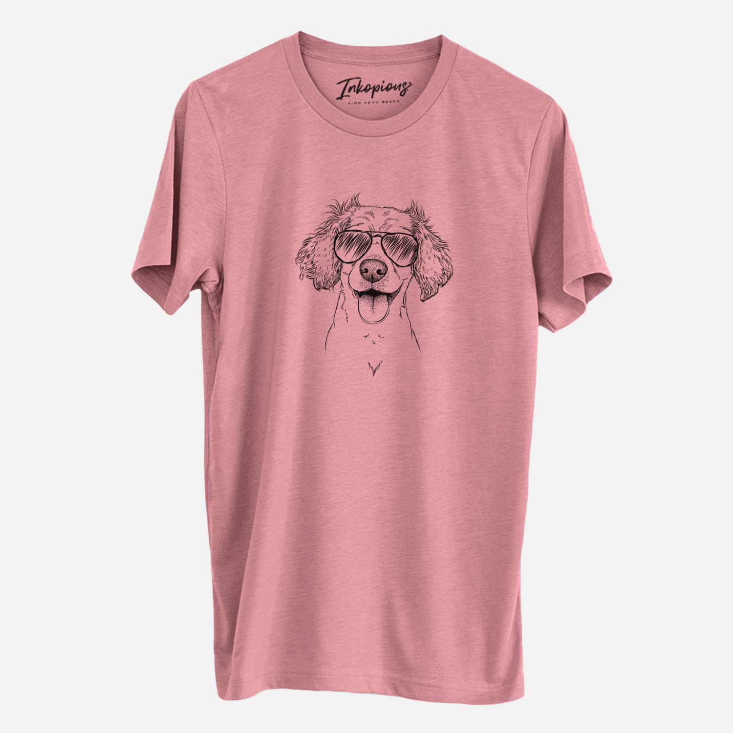 Hand-drawn sketch of Piglet the Dachshund Mix wearing aviator sunglasses on a Mauve Unisex crewneck