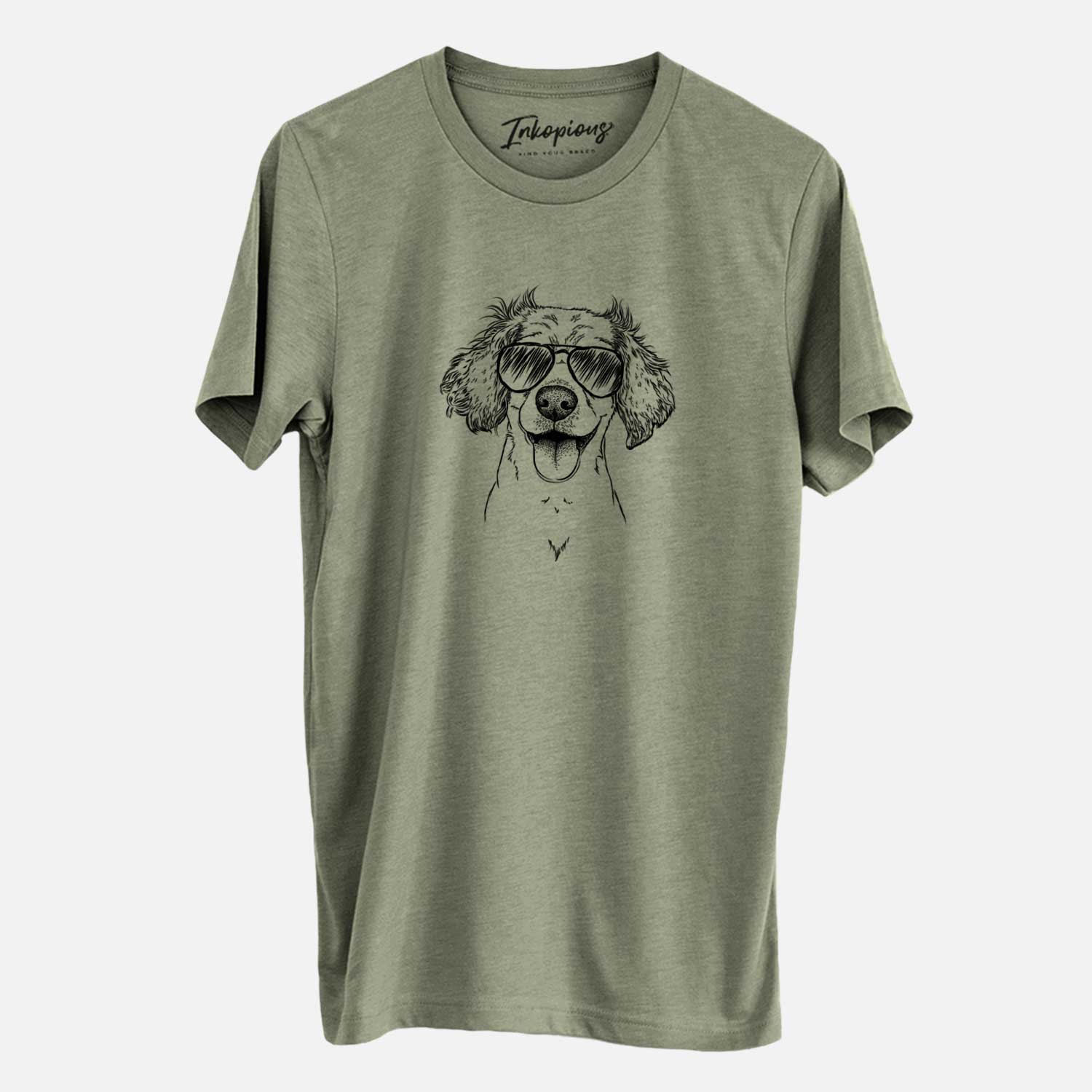 Hand-drawn sketch of Piglet the Dachshund Mix wearing aviator sunglasses on an Olive Unisex crewneck