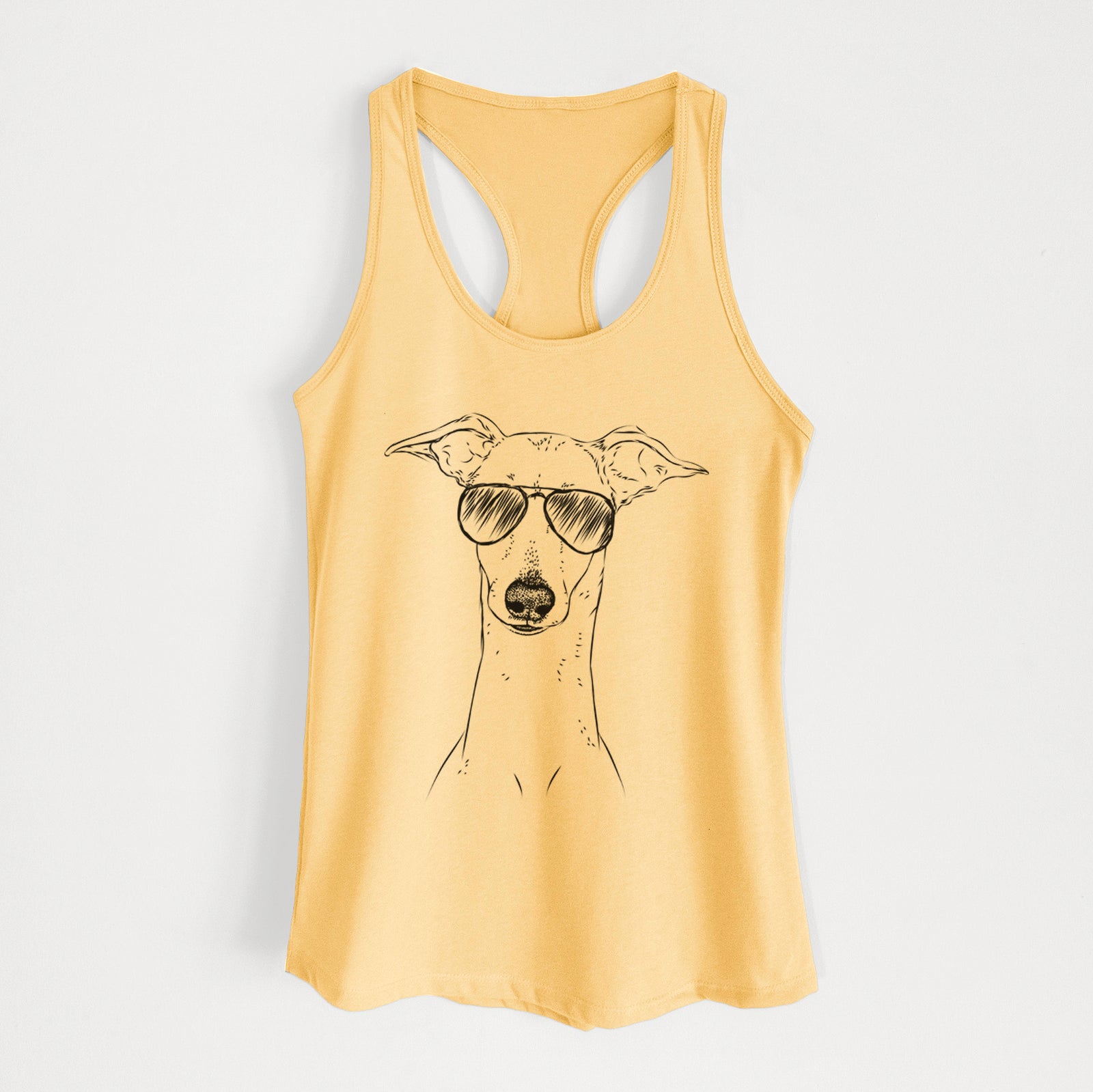 Hand-drawn sketch of Pip the Italian Greyhound wearing aviator sunglasses on a Banana Cream Women's racerback tanktop
