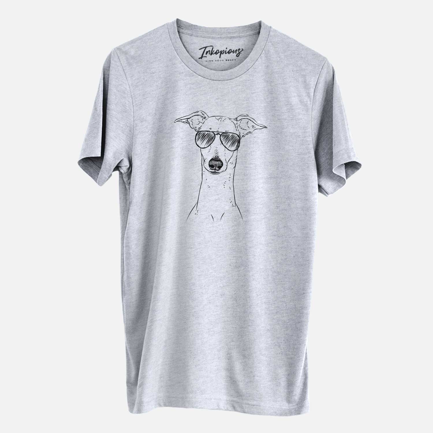 Hand-drawn sketch of Pip the Italian Greyhound wearing aviator sunglasses on an Unisex crewneck