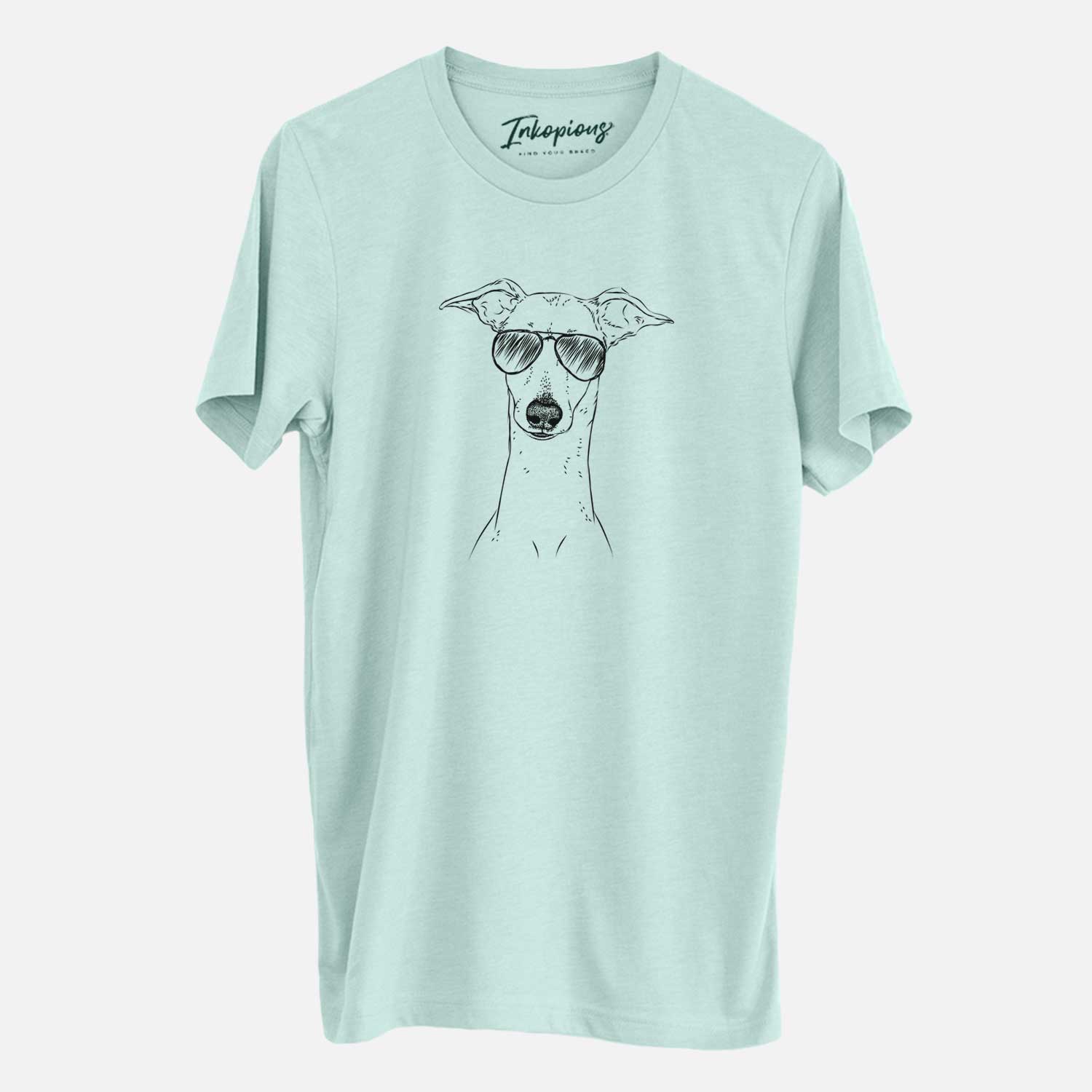 Hand-drawn sketch of Pip the Italian Greyhound wearing aviator sunglasses on a Heather Sage Unisex crewneck