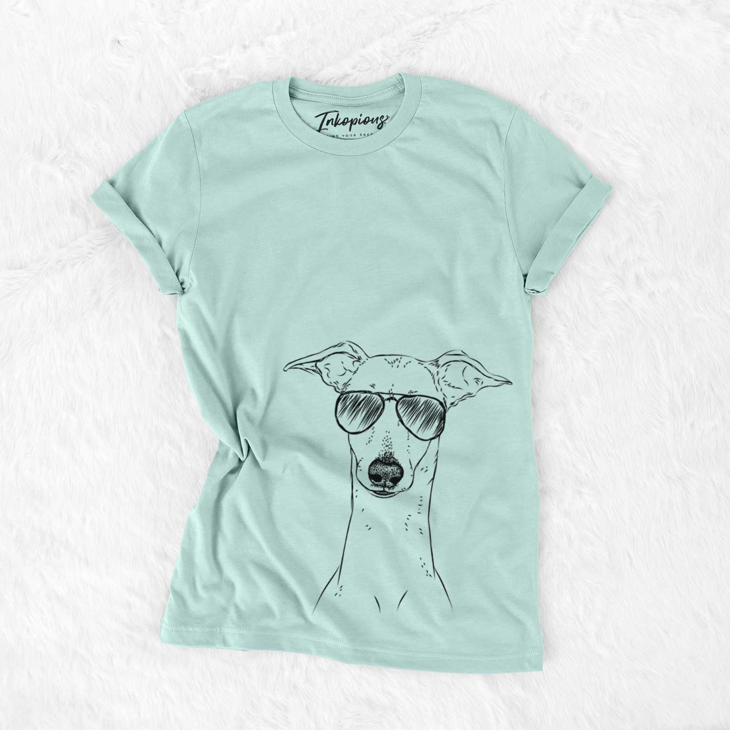 Hand-drawn sketch of Pip the Italian Greyhound wearing aviator sunglasses on a Heather Sage Unisex crewneck