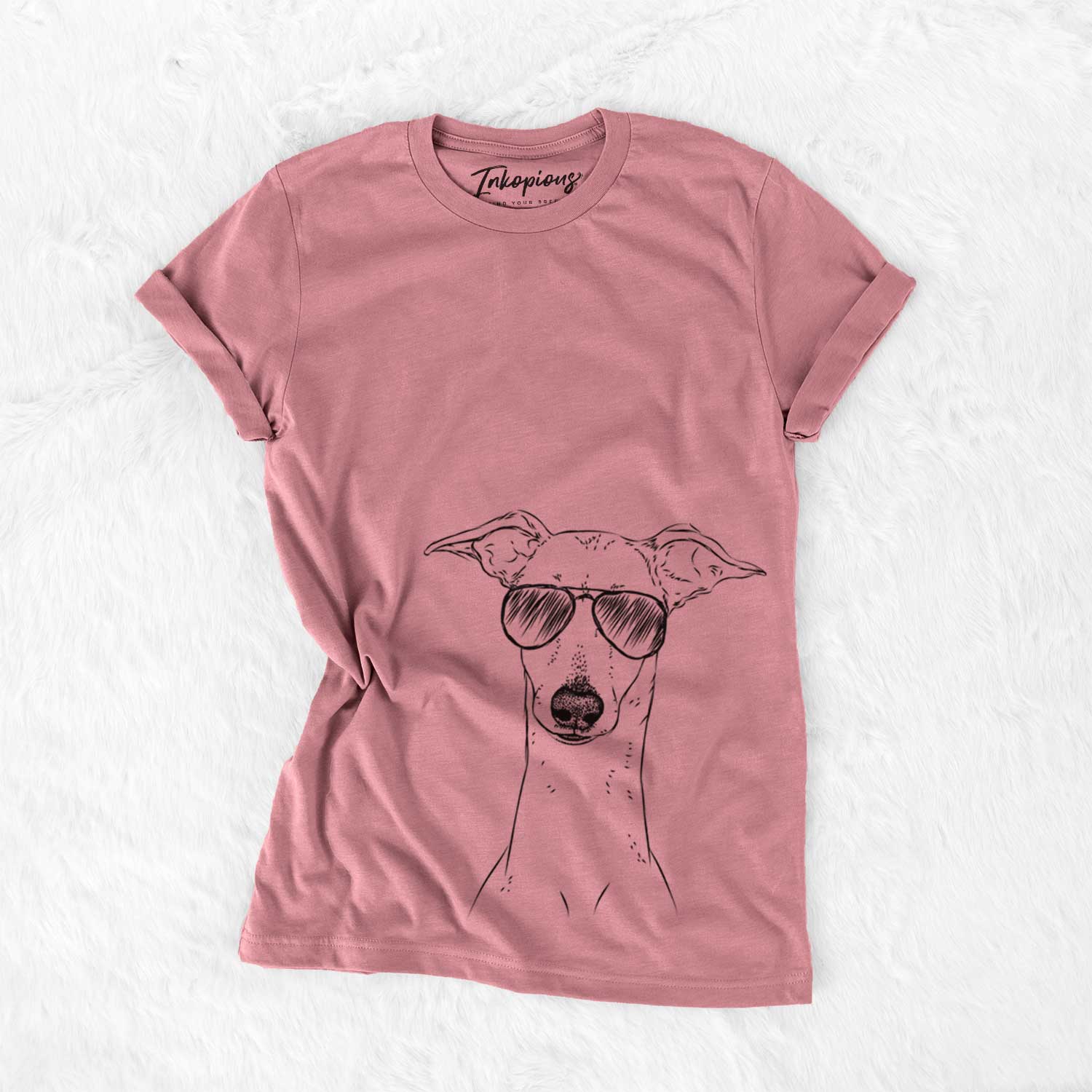Hand-drawn sketch of Pip the Italian Greyhound wearing aviator sunglasses on a Mauve Unisex crewneck