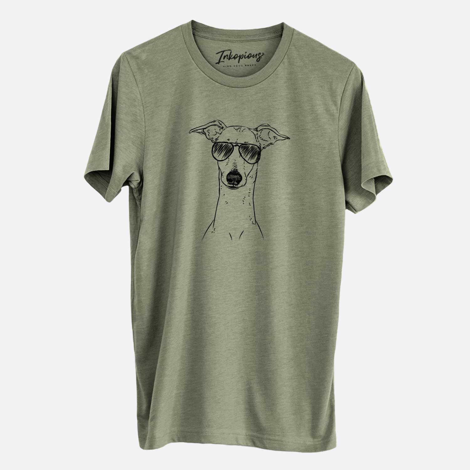 Hand-drawn sketch of Pip the Italian Greyhound wearing aviator sunglasses on an Olive Unisex crewneck