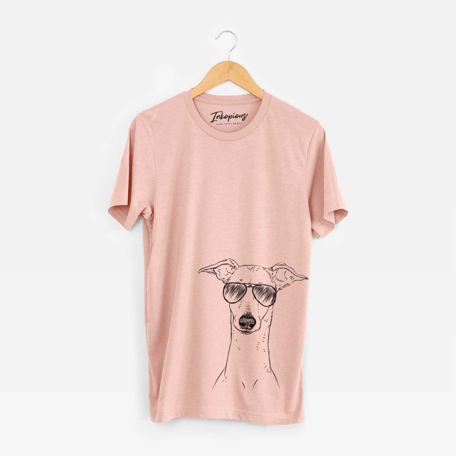 Hand-drawn sketch of Pip the Italian Greyhound wearing aviator sunglasses on a Peach Unisex crewneck