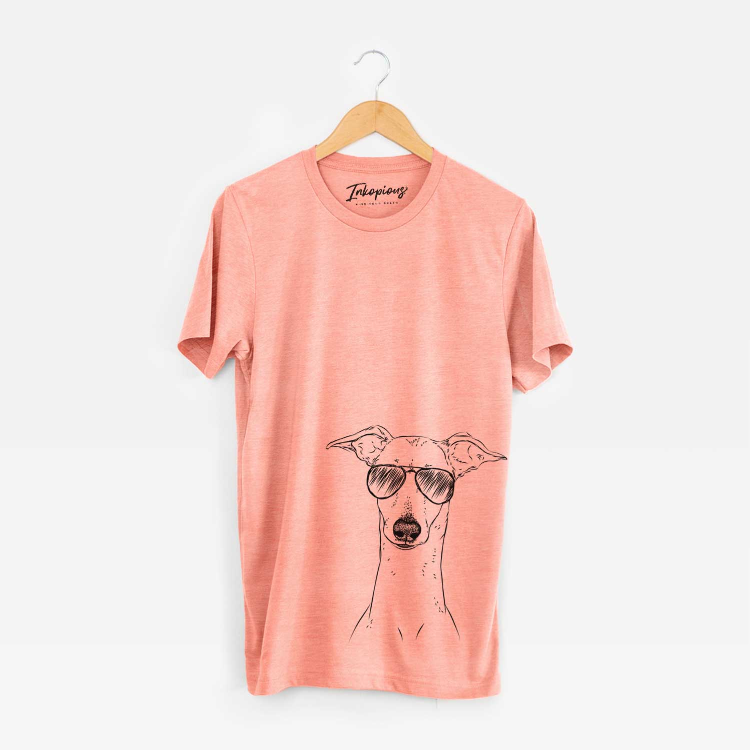 Hand-drawn sketch of Pip the Italian Greyhound wearing aviator sunglasses on a Sunset Unisex crewneck