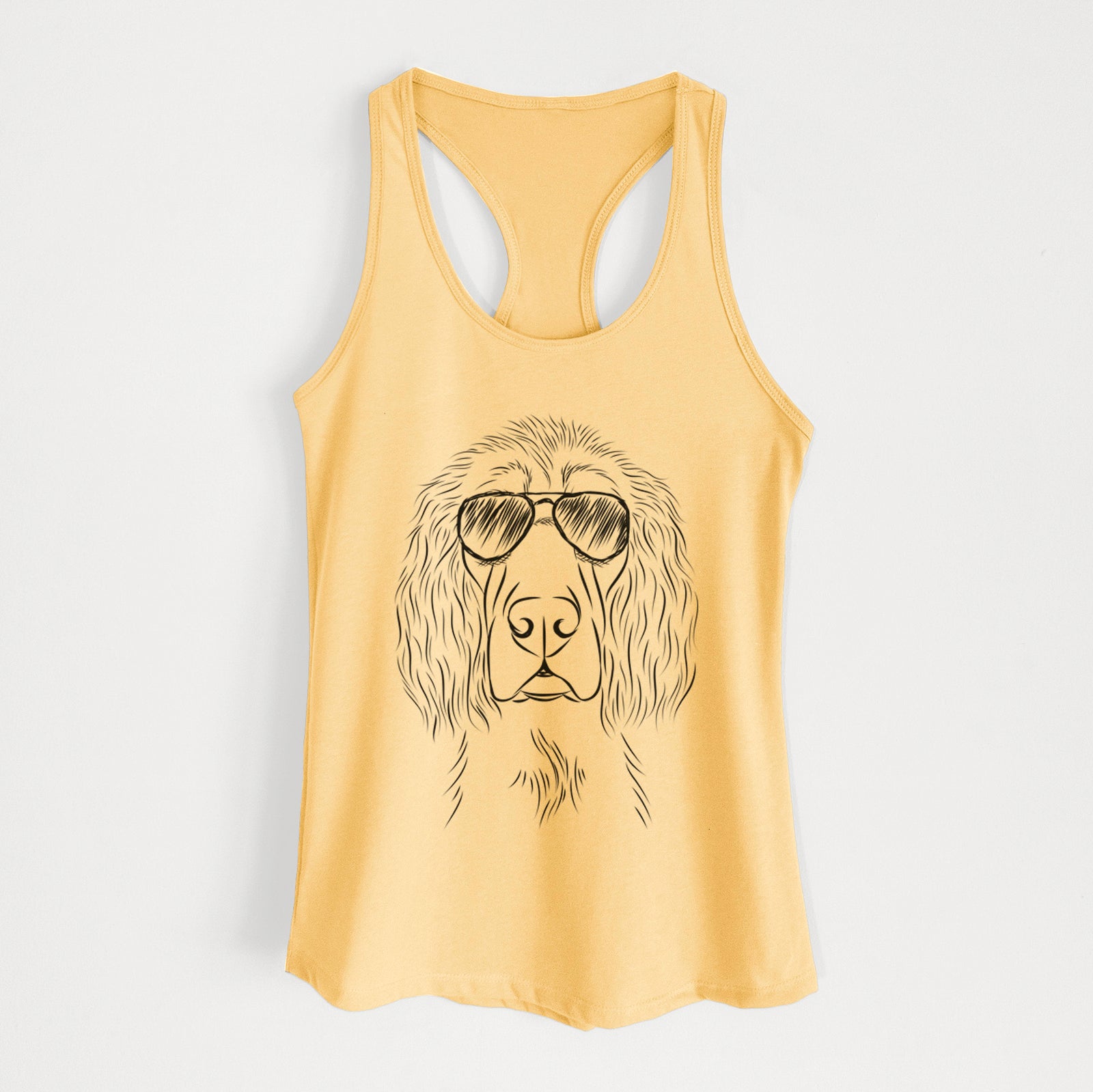 Hand-drawn sketch of Piper the Irish Setter wearing aviator sunglasses on a Banana Cream Women's racerback tanktop