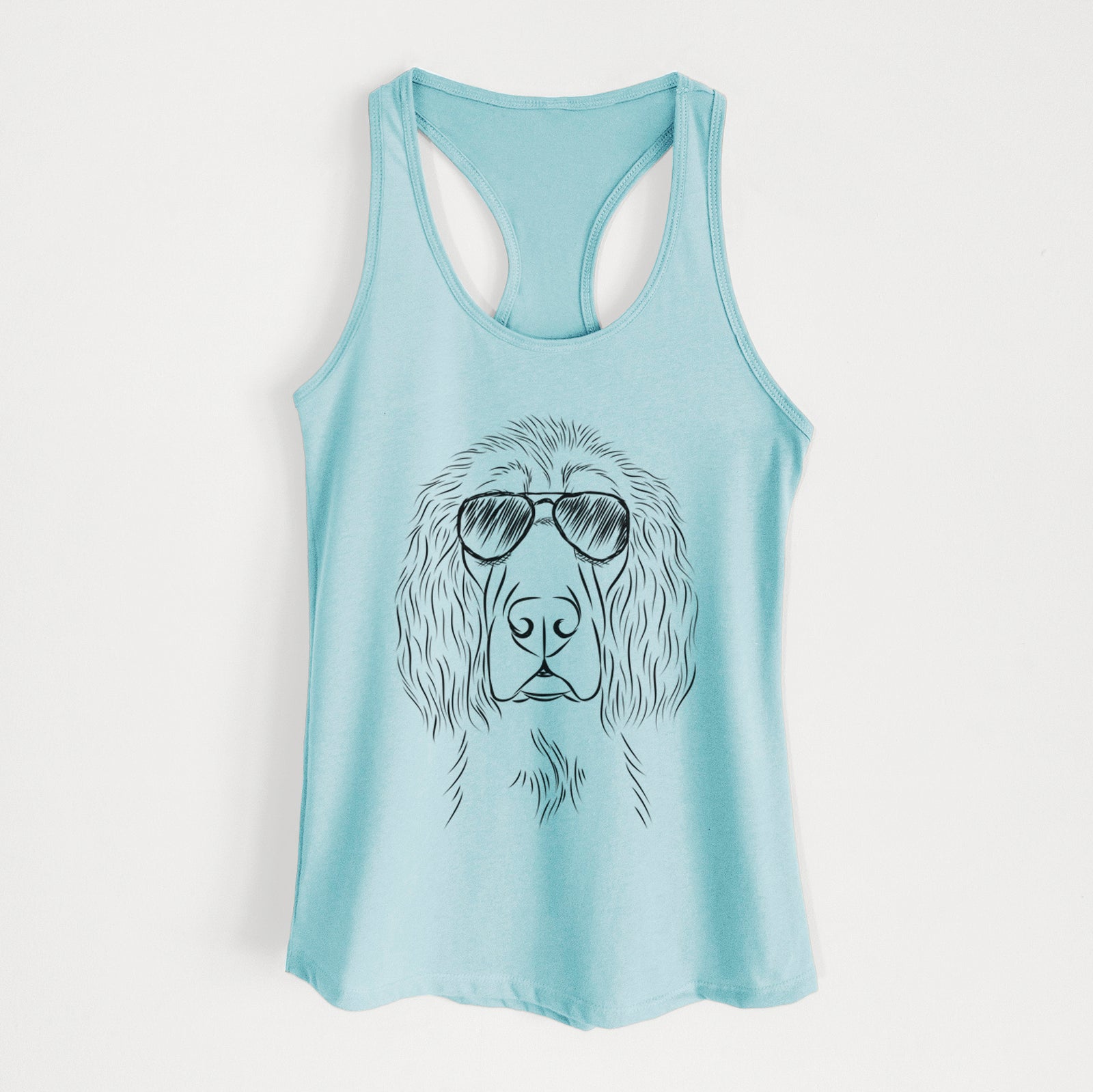 Hand-drawn sketch of Piper the Irish Setter wearing aviator sunglasses on a Cancun Blue Women's racerback tanktop