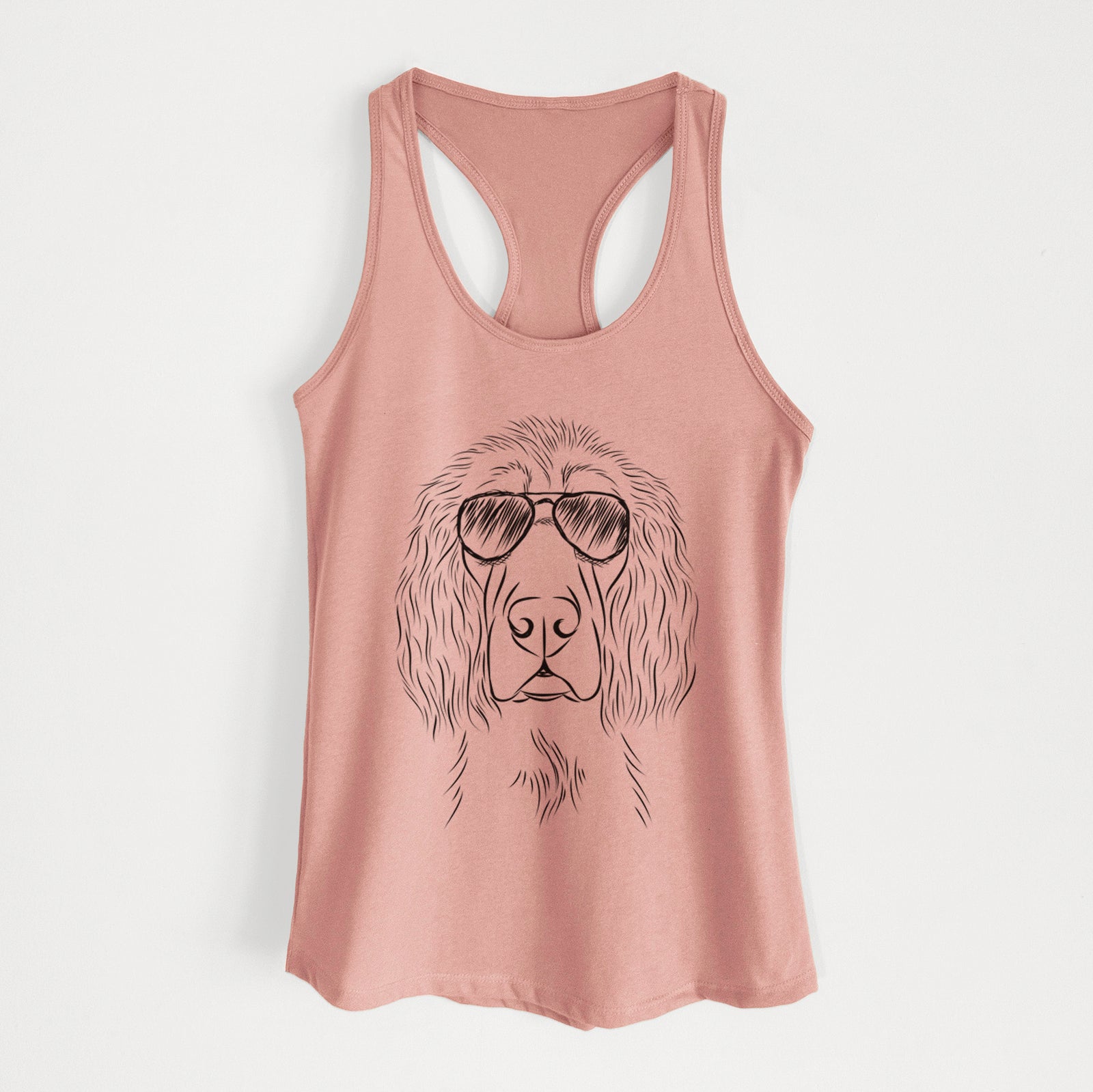 Hand-drawn sketch of Piper the Irish Setter wearing aviator sunglasses on a Desert Pink Women's racerback tanktop