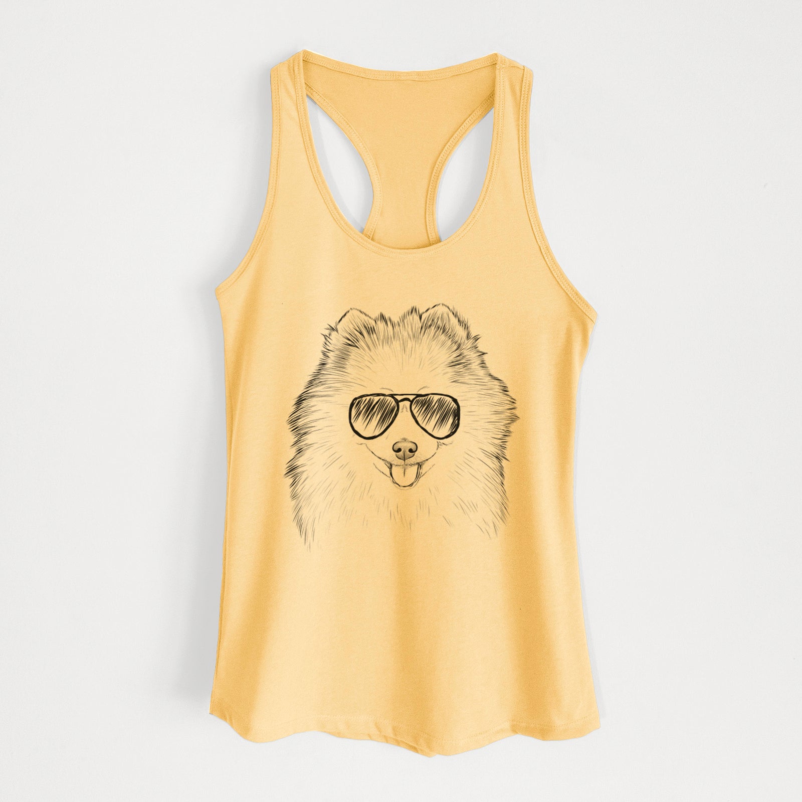 Hand-drawn sketch of Piper Jo the Pomeranian wearing aviator sunglasses on a Banana Cream Women's racerback tanktop