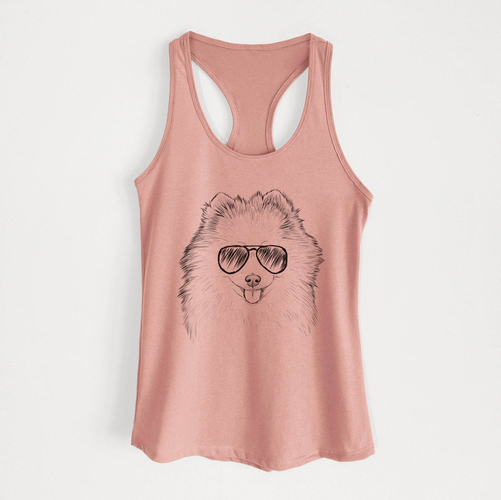 Hand-drawn sketch of Piper Jo the Pomeranian wearing aviator sunglasses on a Desert Pink Women's racerback tanktop