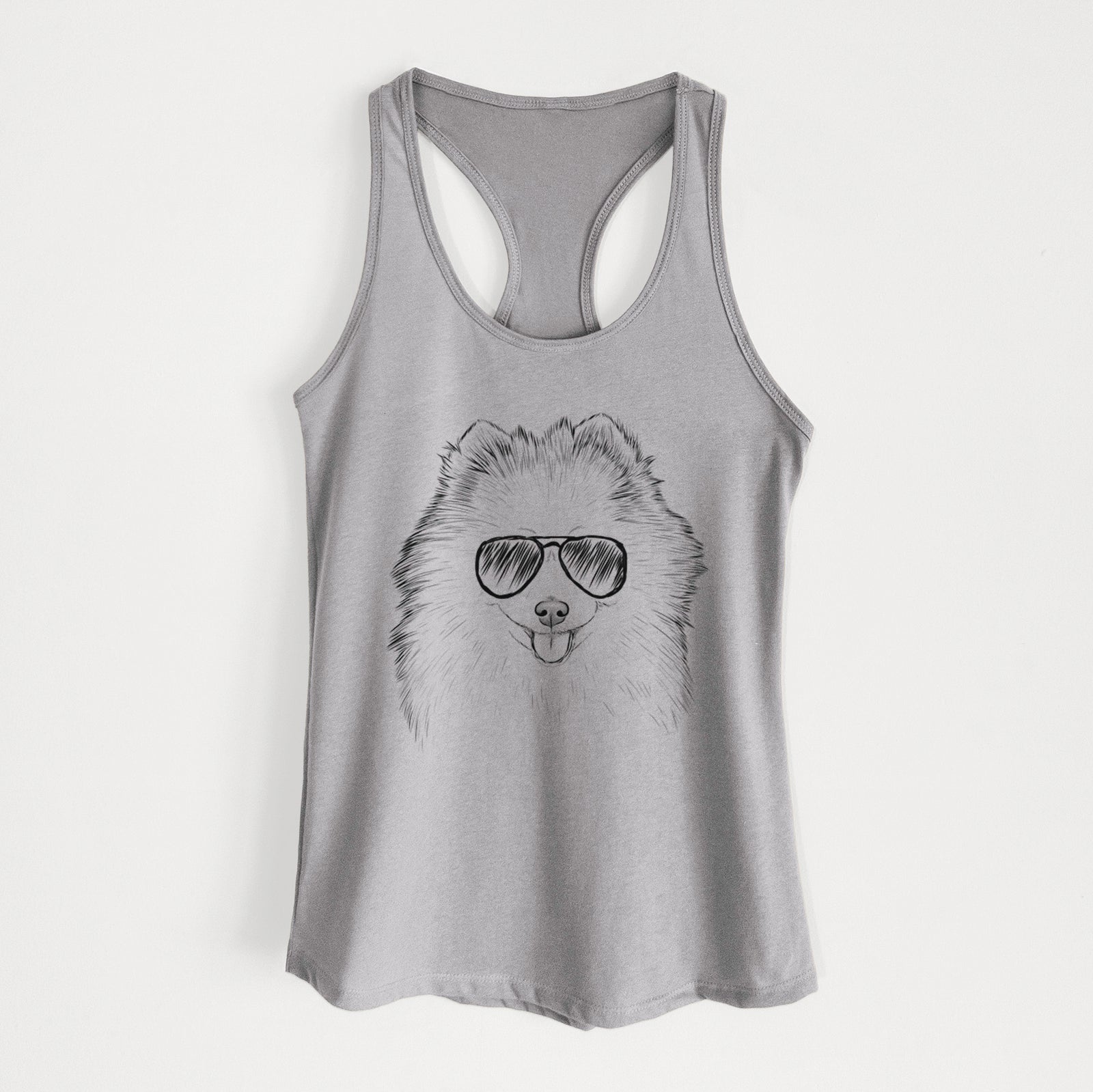 Hand-drawn sketch of Piper Jo the Pomeranian wearing aviator sunglasses on a Heather Grey Women's racerback tanktop