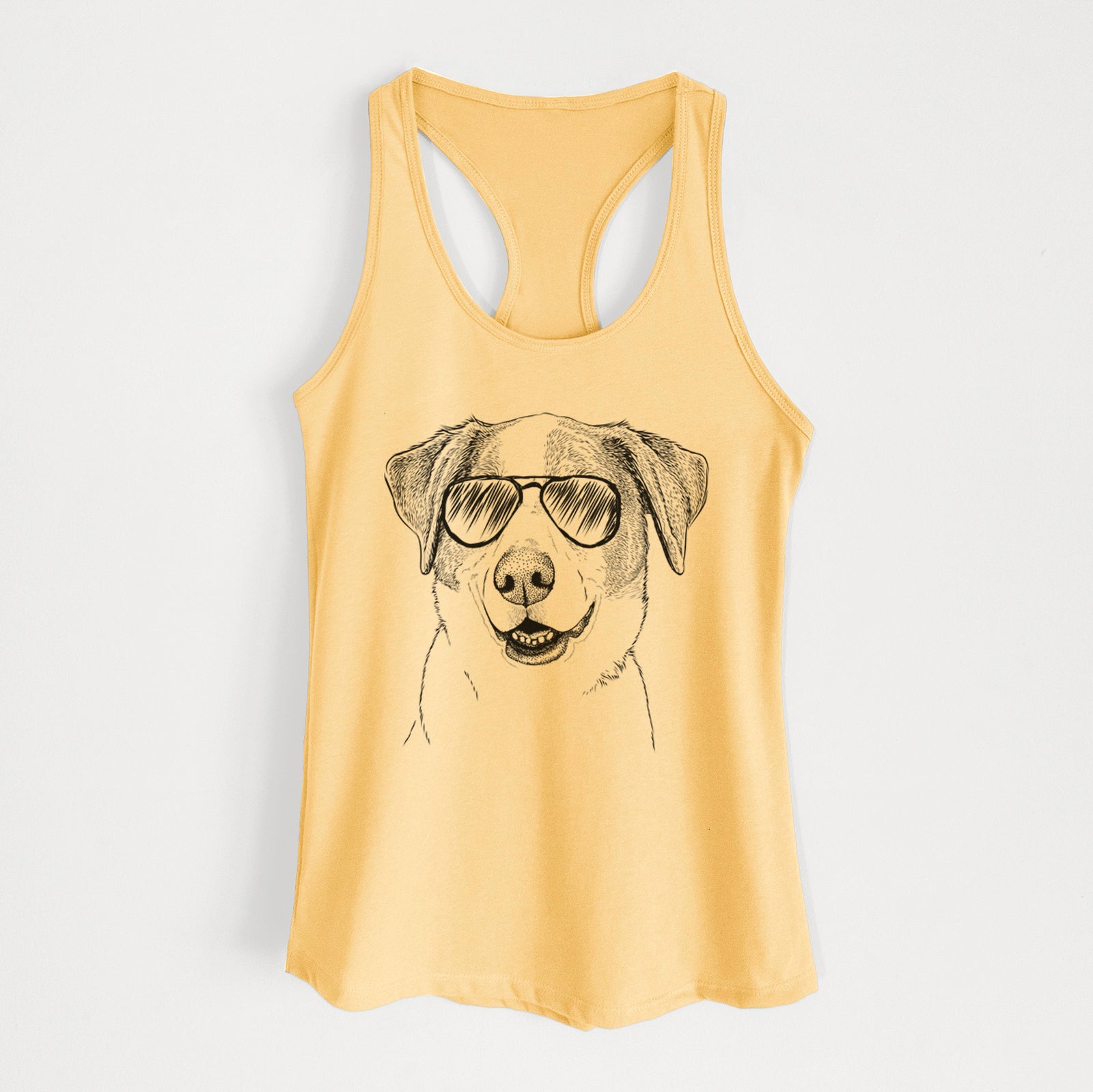Hand-drawn sketch of Piper Pilot the Hound Mix wearing aviator sunglasses on a Banana Cream Women's racerback tanktop