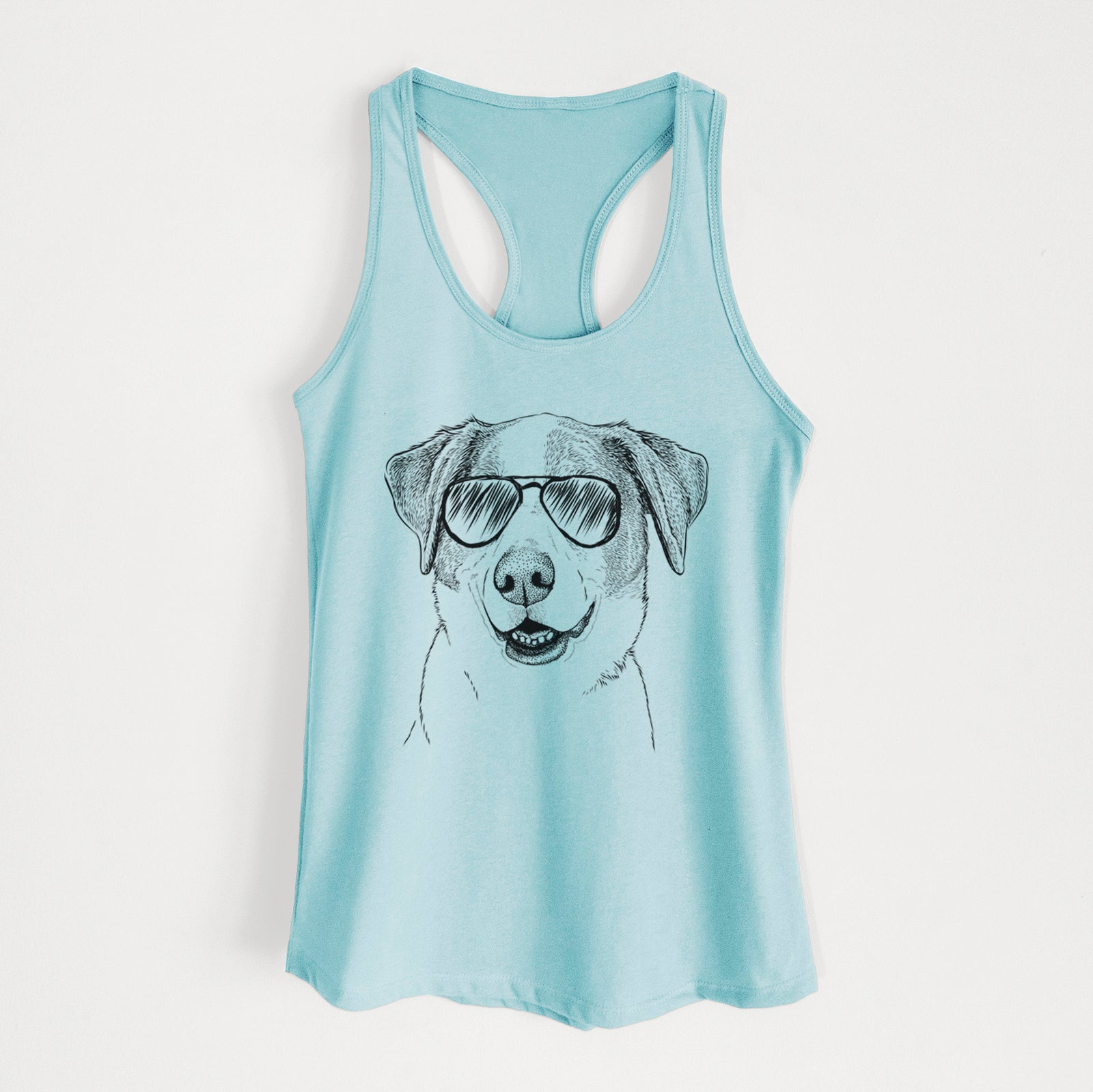 Hand-drawn sketch of Piper Pilot the Hound Mix wearing aviator sunglasses on a Cancun Blue Women's racerback tanktop