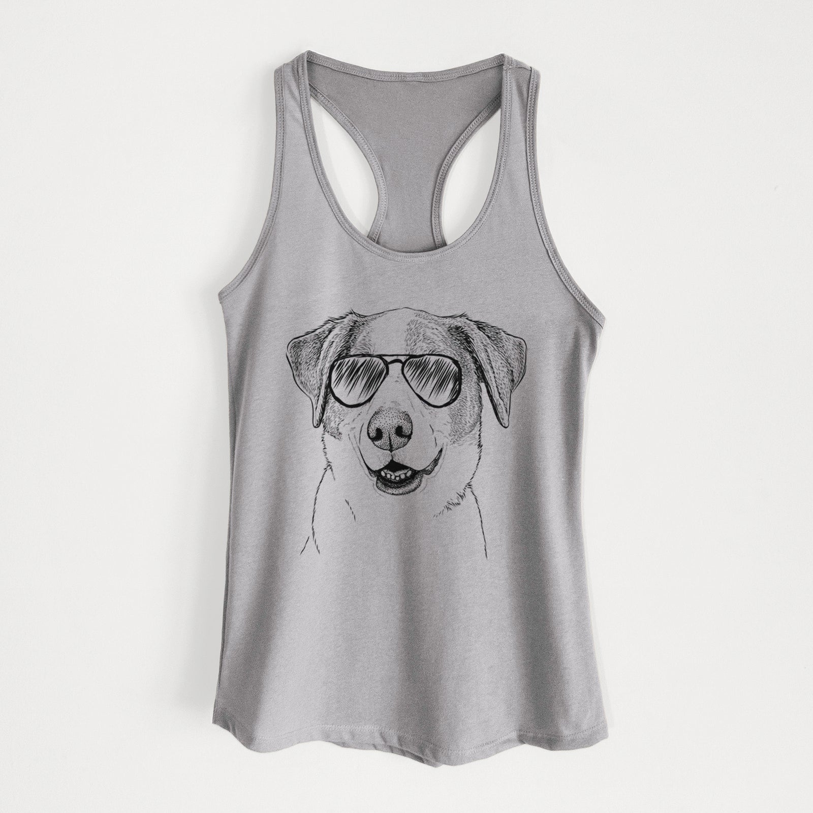 Hand-drawn sketch of Piper Pilot the Hound Mix wearing aviator sunglasses on a Heather Grey Women's racerback tanktop